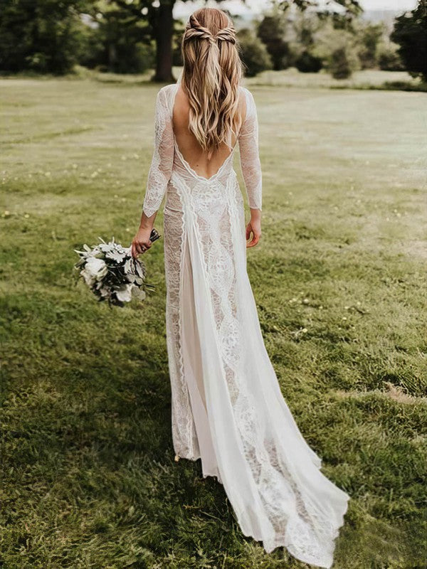 Exquisite Column Crew Neck Backless Lace Sweep Train Wedding Dresses