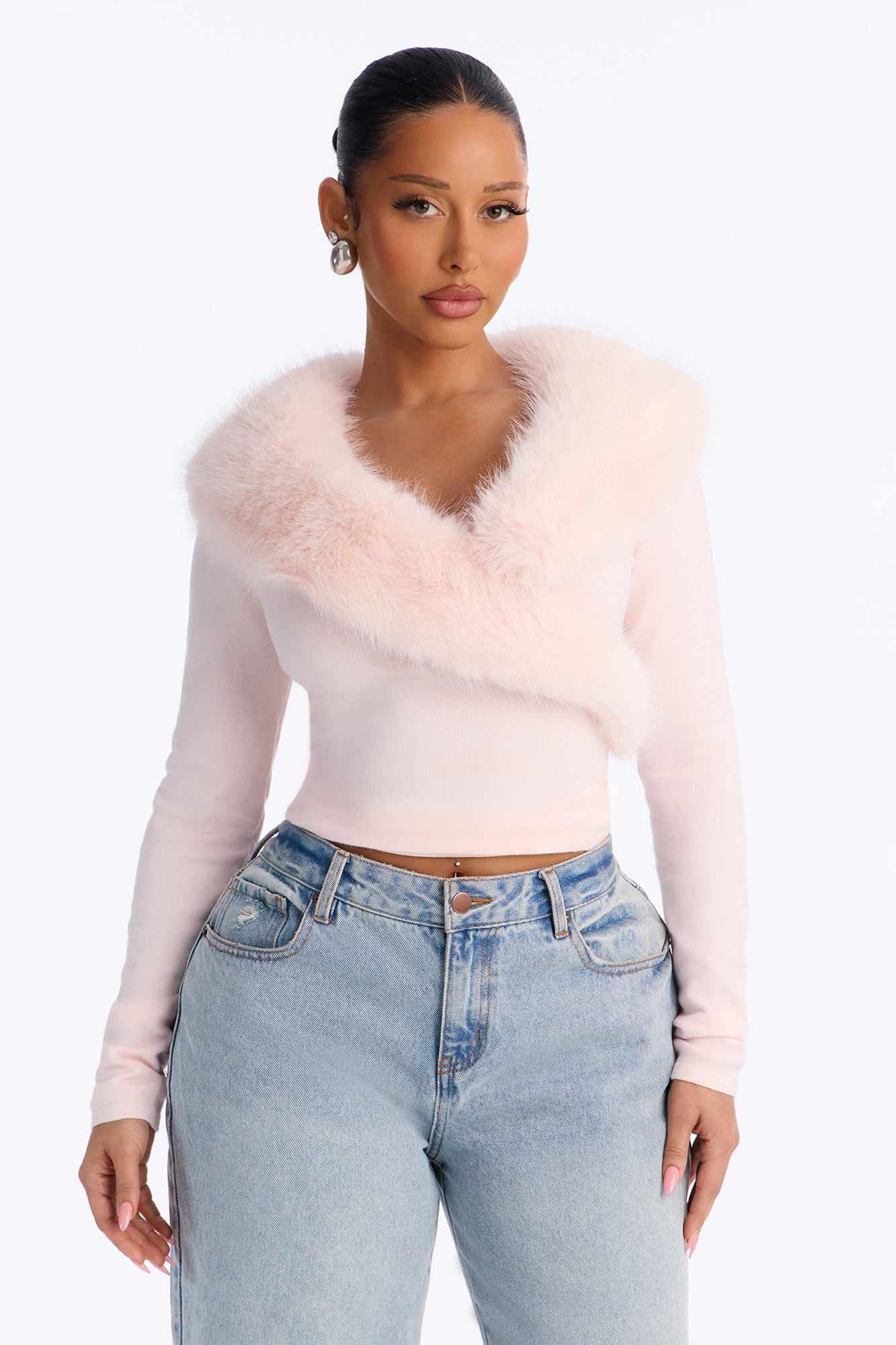 Samara Faux Fur Pullover Sweater - Light Pink