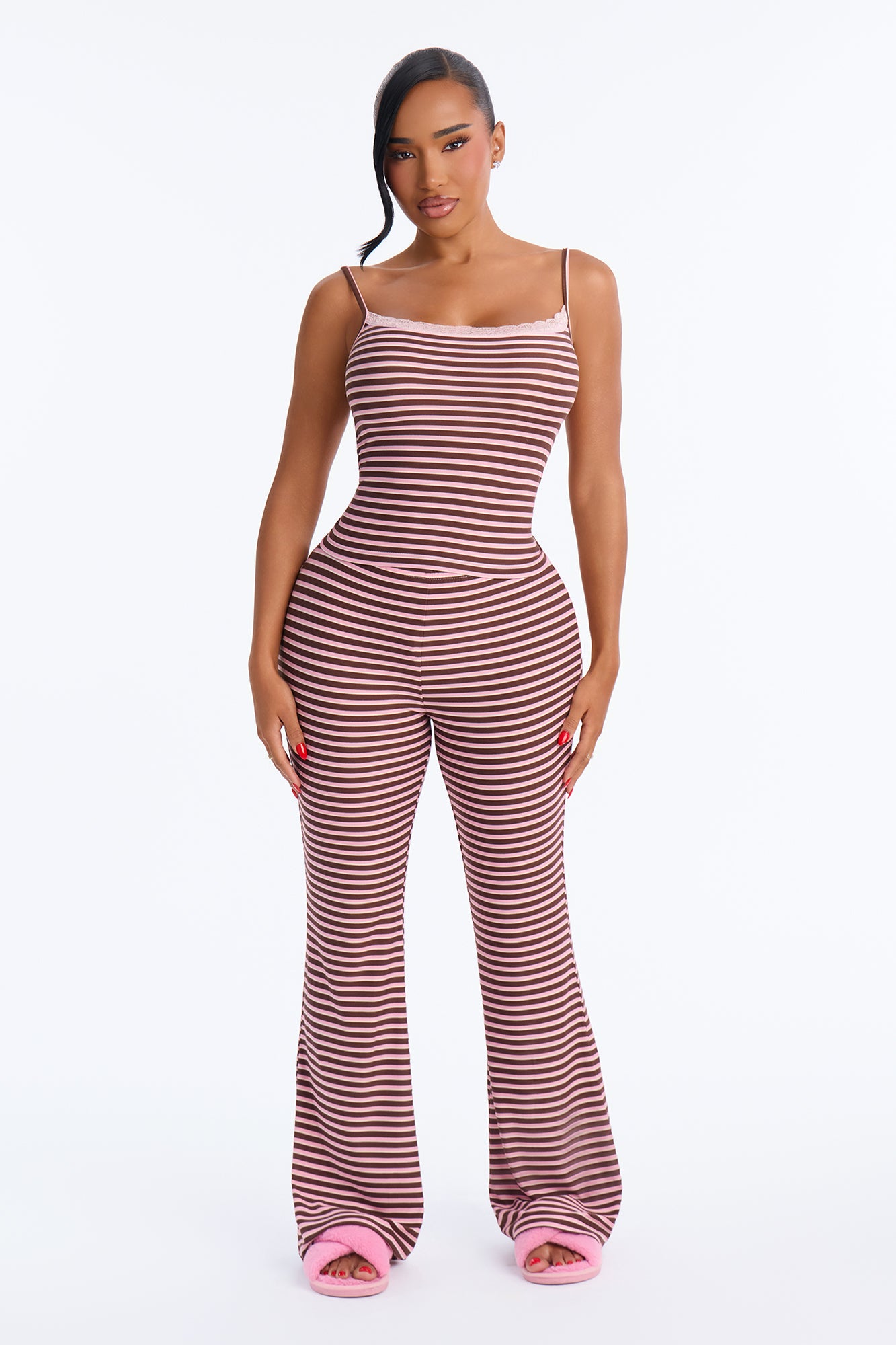 Late Night Talks Stripe Lace Trim Cami PJ Pant Set - Pink/combo