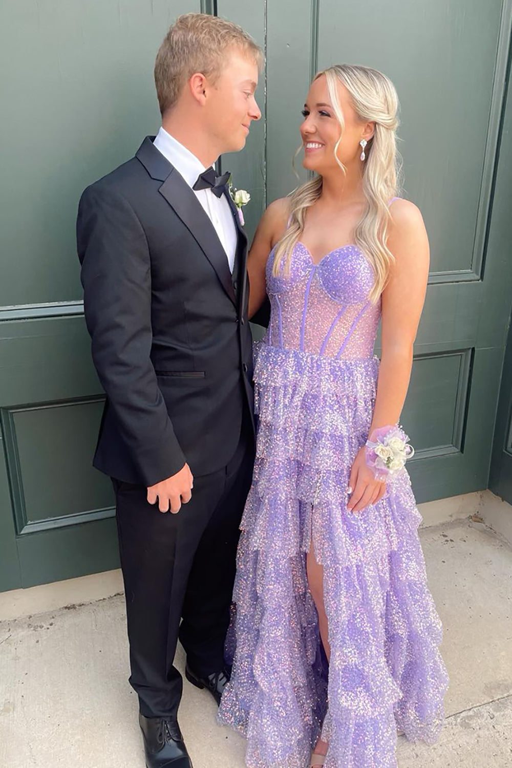 Lilac Sparkle Princess Corset Prom Dress with Tulle Tiers and Spaghetti Straps