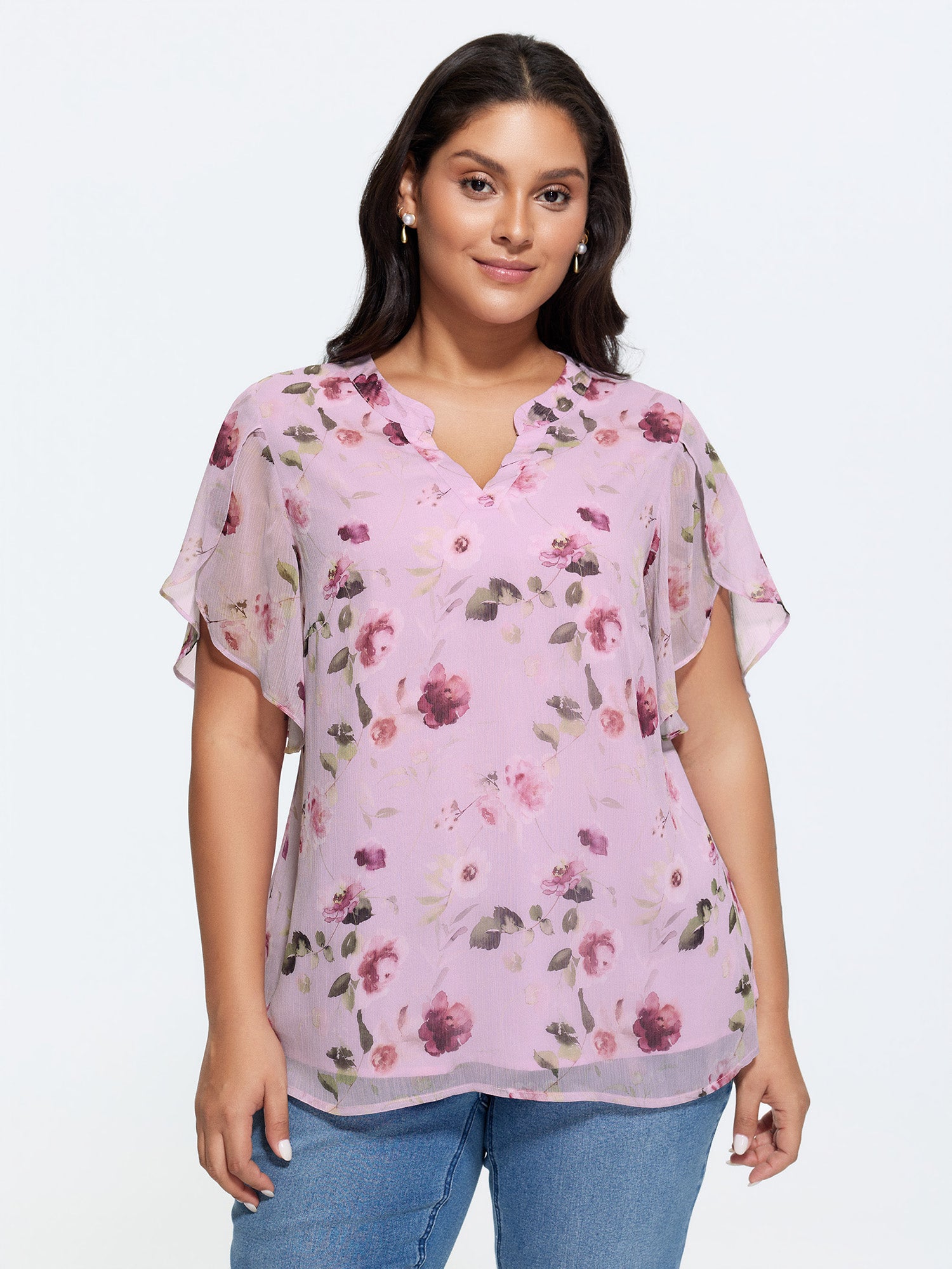 Sweet Floral Print Petal Sleeve Blouse