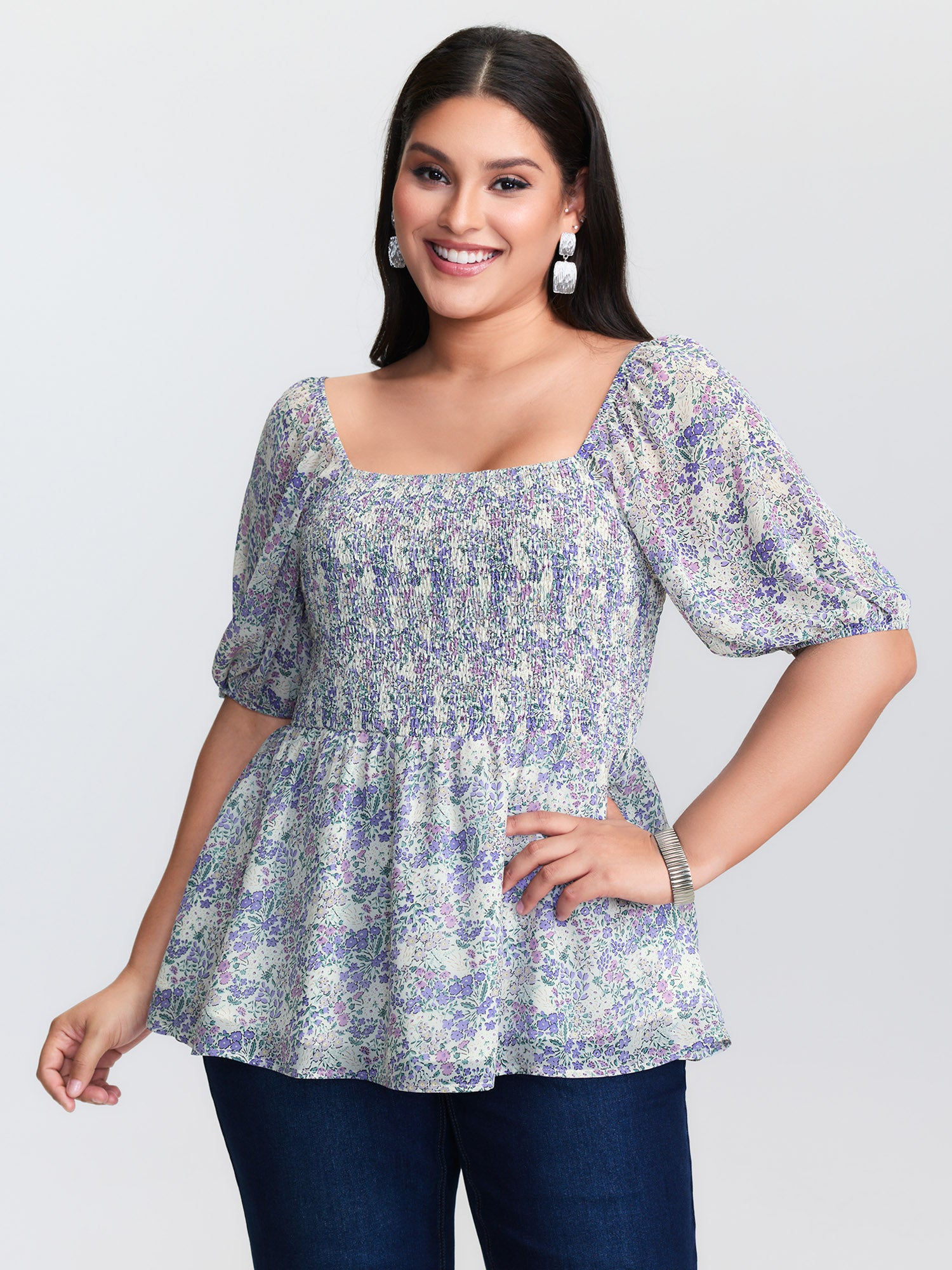 Floral Print Shirred Bodice Blouse