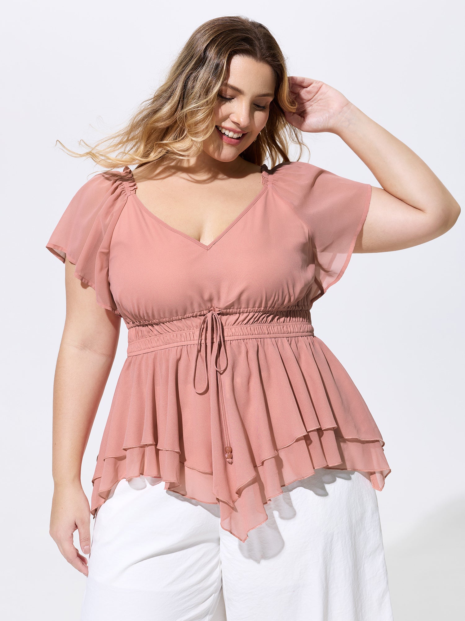 Shirred Waist Layered Ruffled Hem Blouse