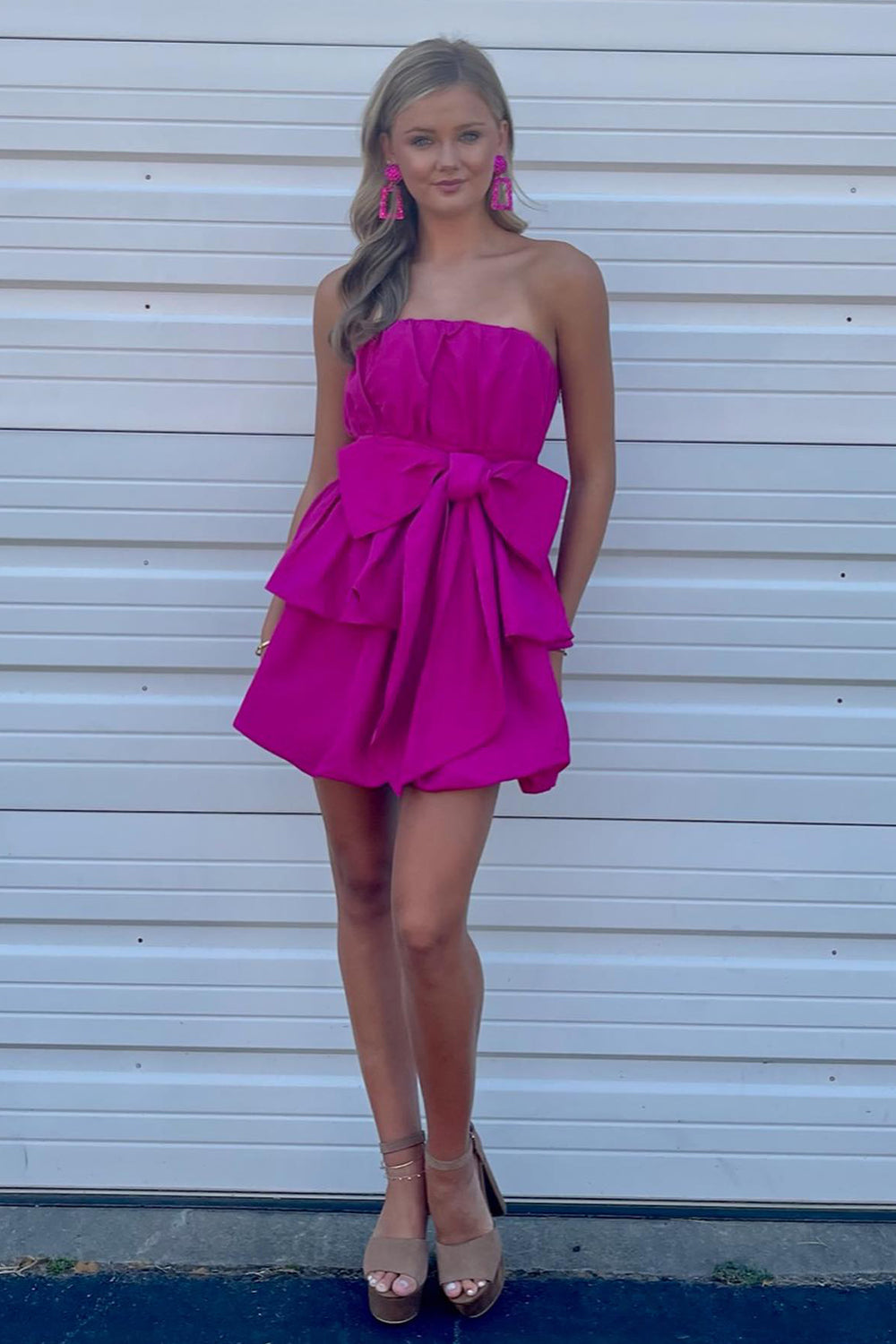 Fuchsia Tiered Sweetheart Short Homecoming Dress/Mini Dress With Bow