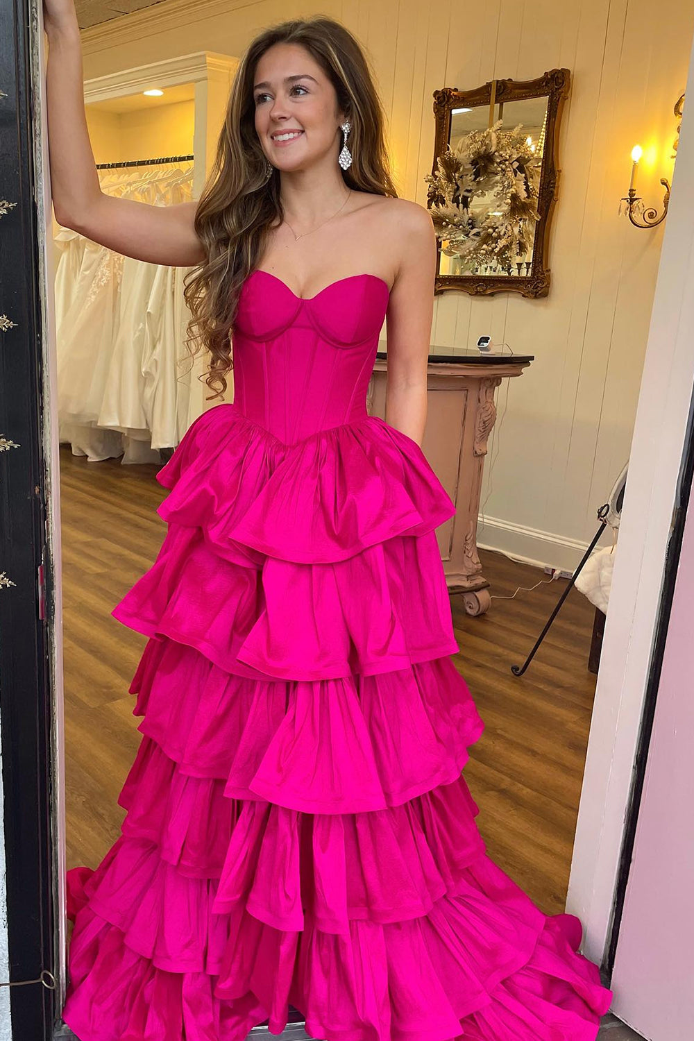Long Satin Corset Prom Dress in Fuchsia with Sweetheart A-Line Tiered Design