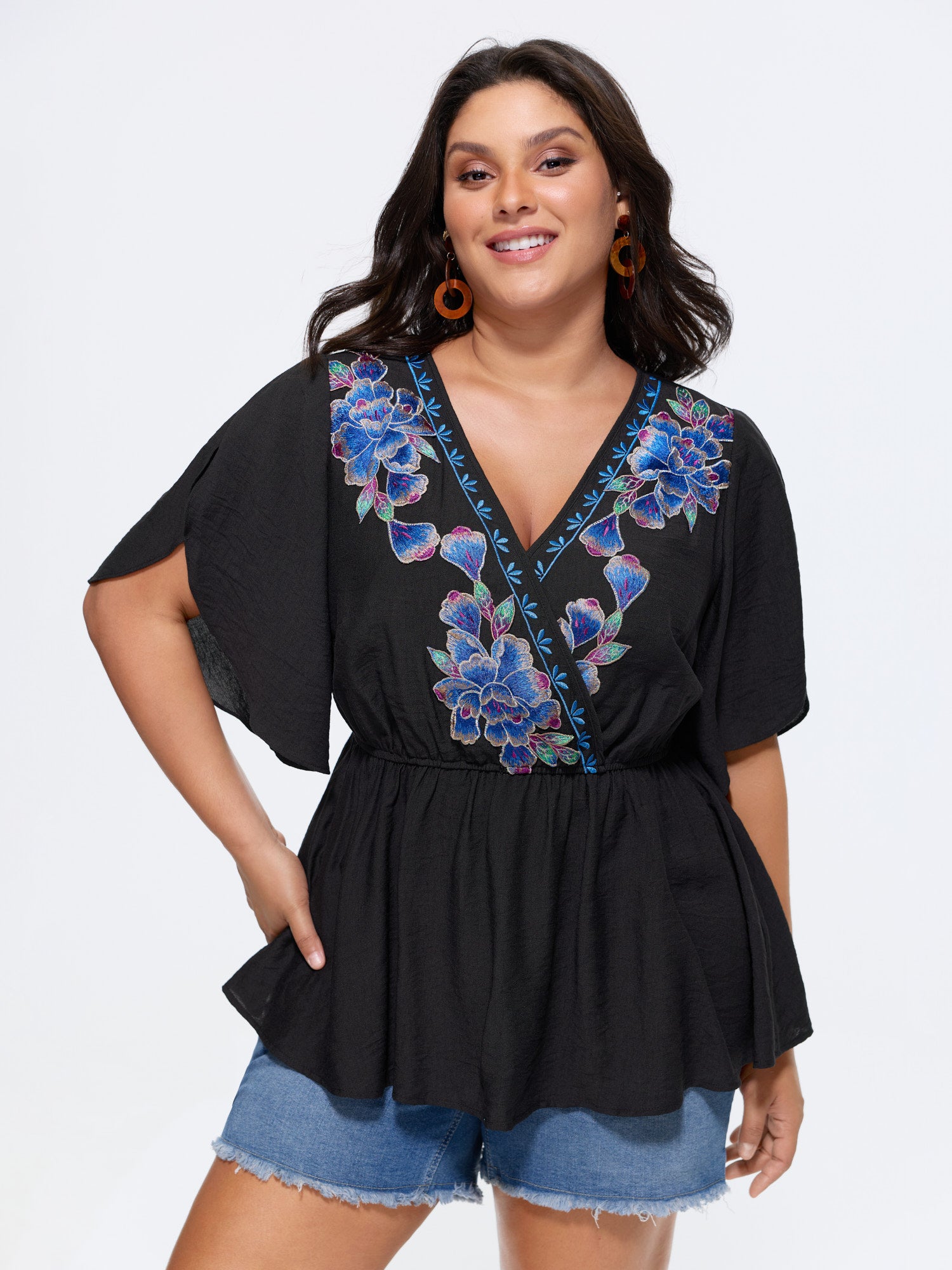 Floral Embroidered Wrap Neckline Top