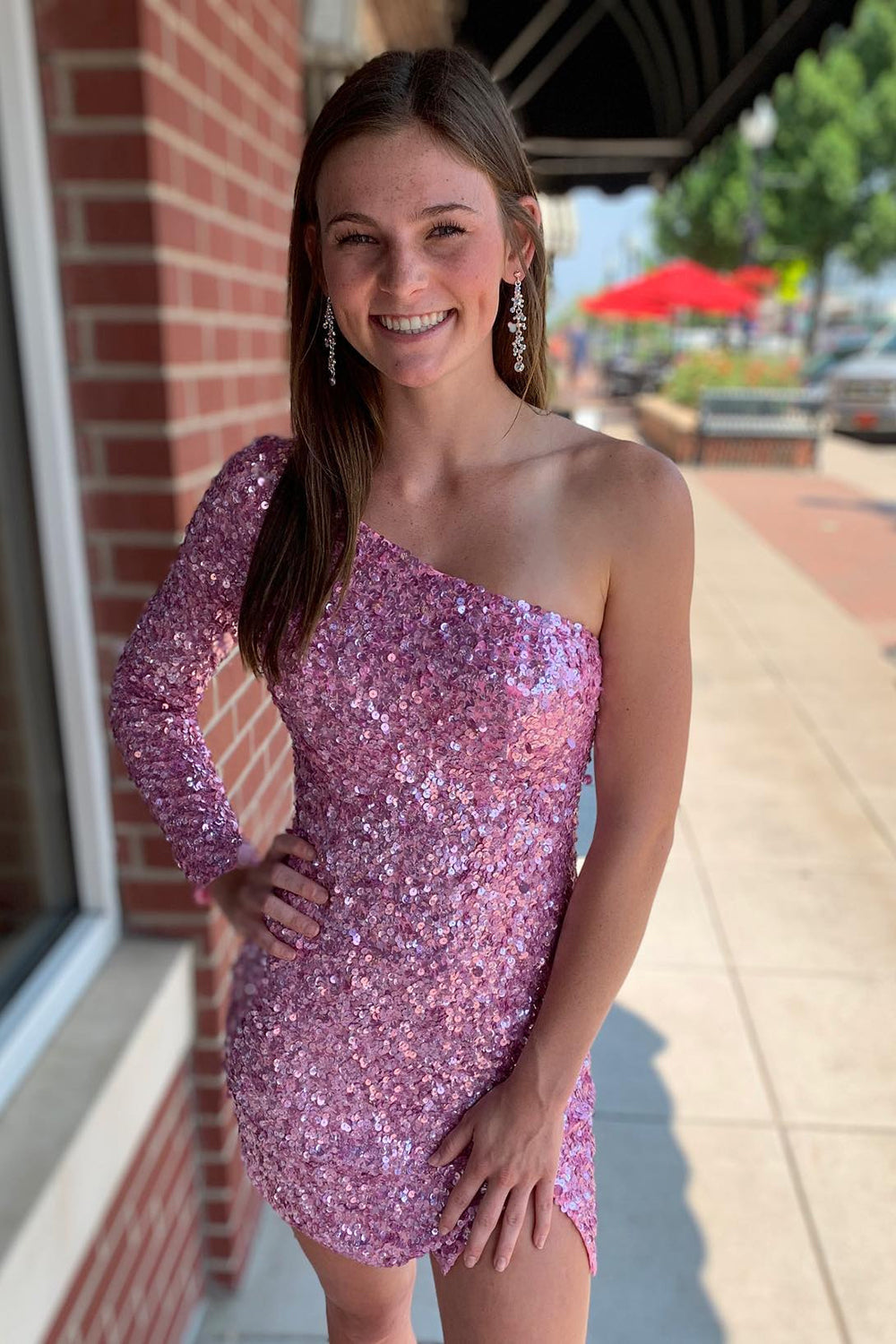 Pink One Shoulder One Sleeve Sequins Tight Short Homecoming Dress/Mini Dress