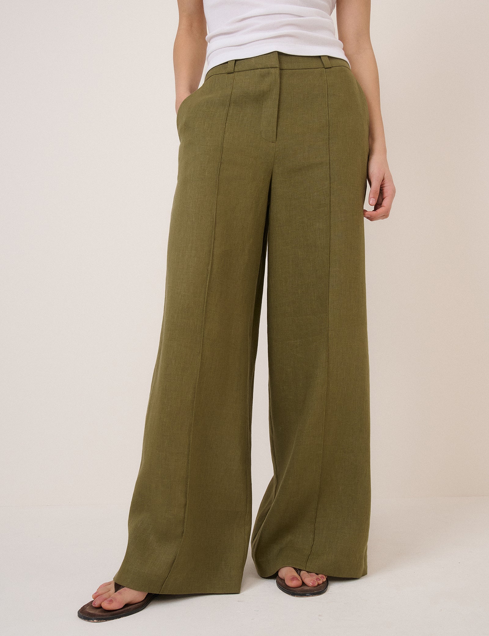 Khaki Linen-Rich Wide Leg Tailored Trousers