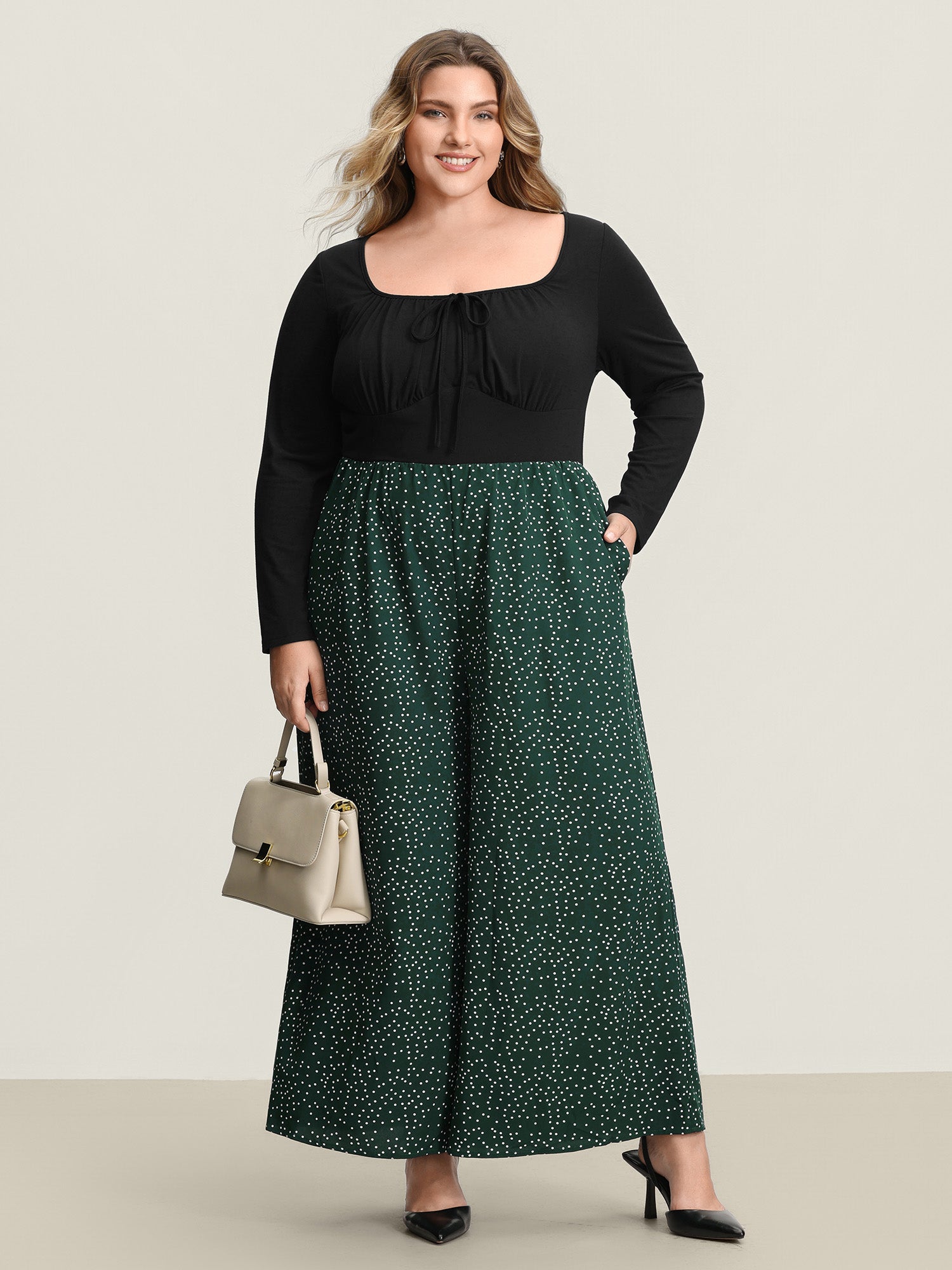 Bust-Ease Neck-Tie Floral Pockets Jumpsuit