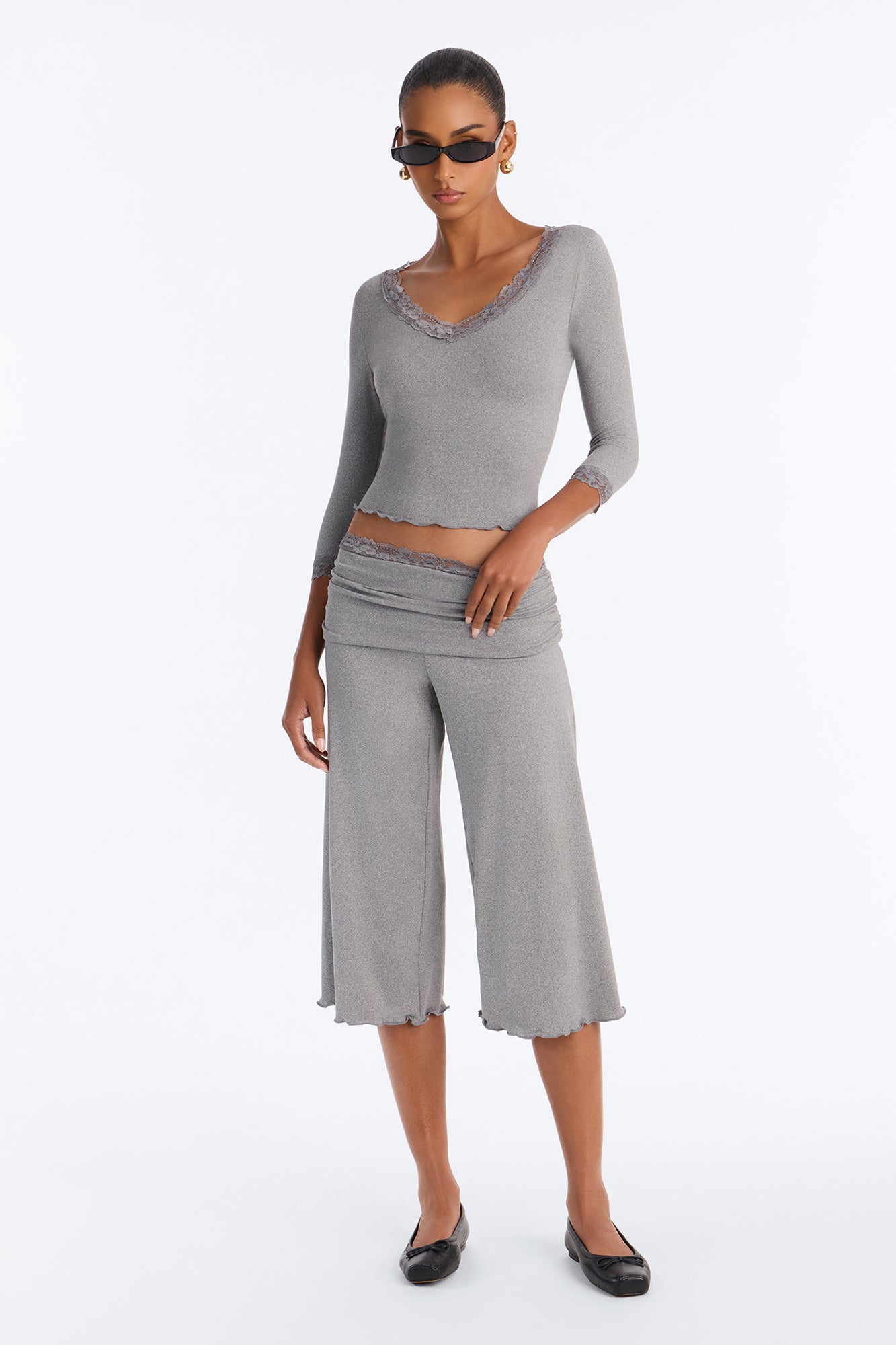 Lisa Lace Trim Gaucho Set - Heather Grey