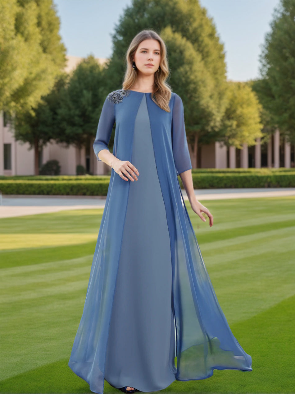 Floor-Length A-Line Mother of the Bride Dress with Jewel Neckline 3/4 Sleeves and Chiffon Cape