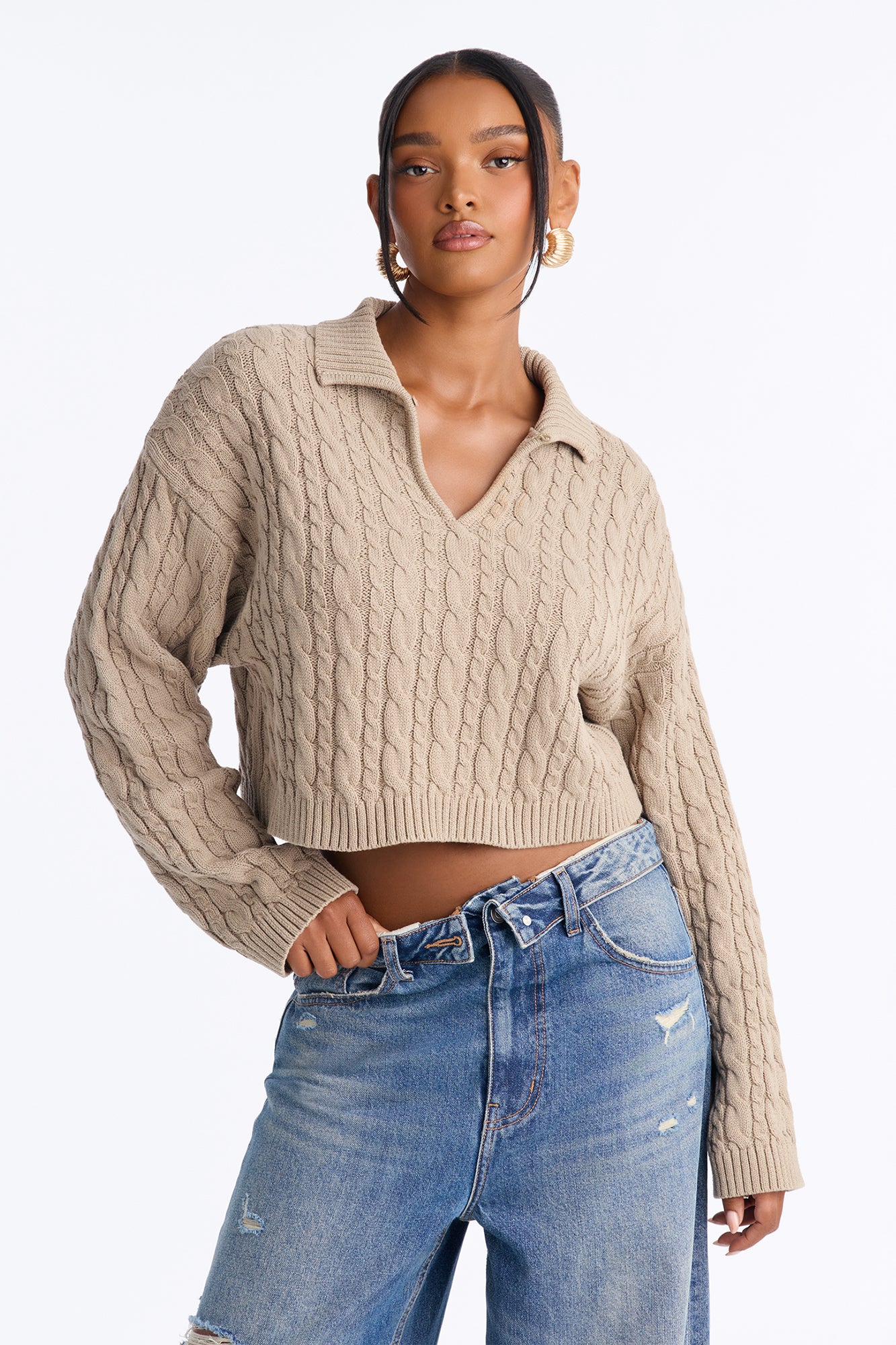 Karina Funnel Neck Cable Knit Pullover Sweater - Taupe