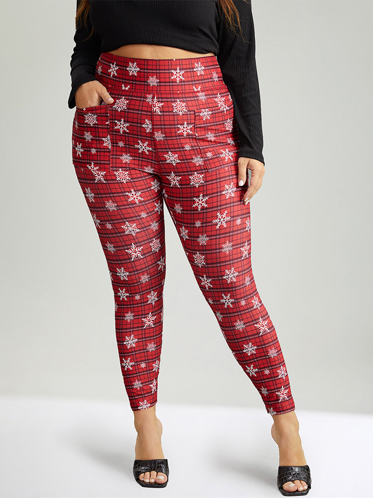 Plaid & Snow Print Pocket Skinny Ankle Leggings