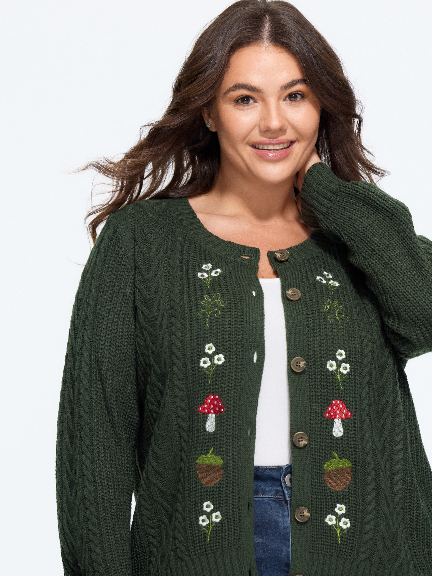 Mushroom Floral Embroidery Button‑Front Cardigan