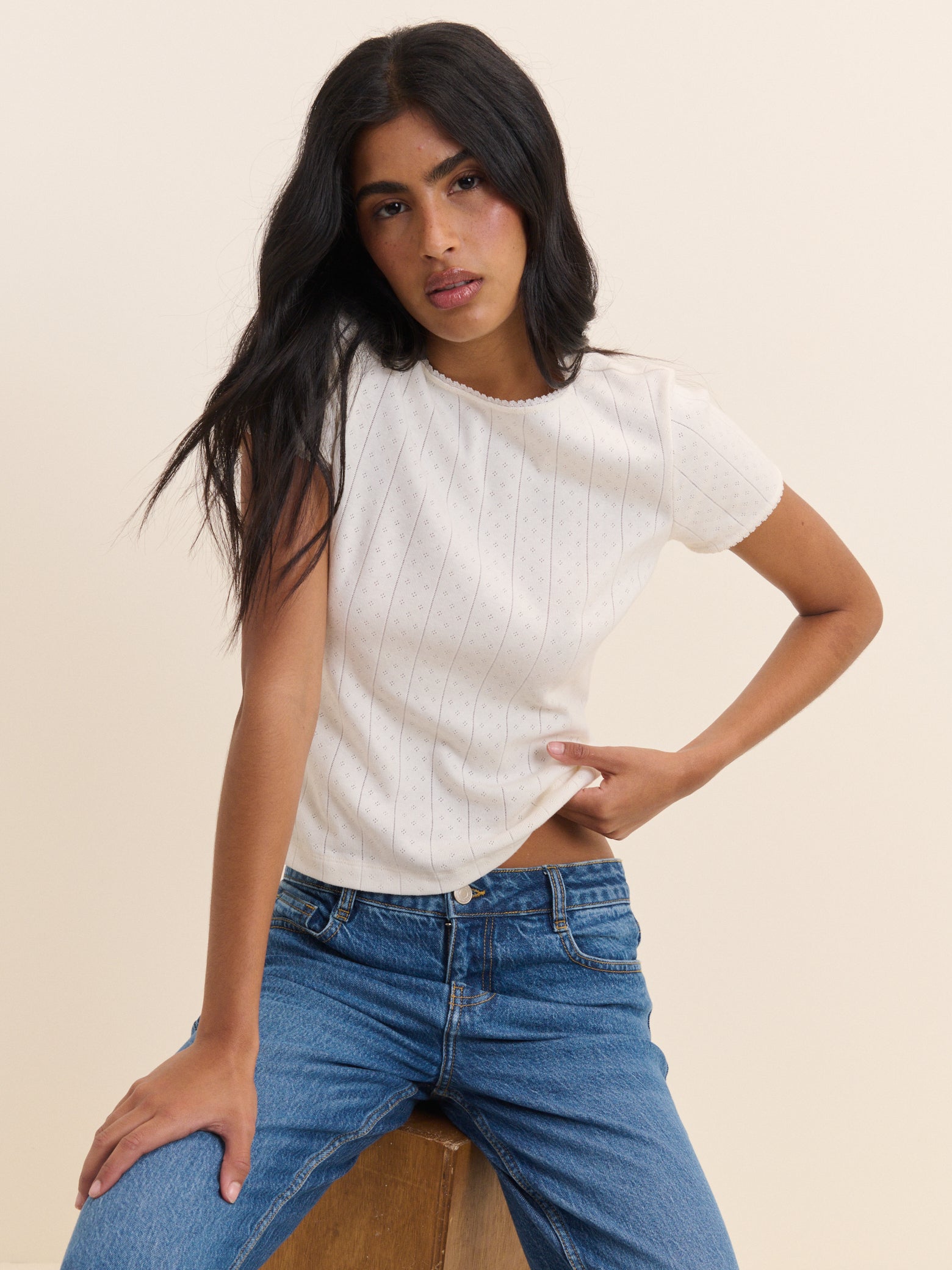 White Pointelle Lace Trim T-Shirt
