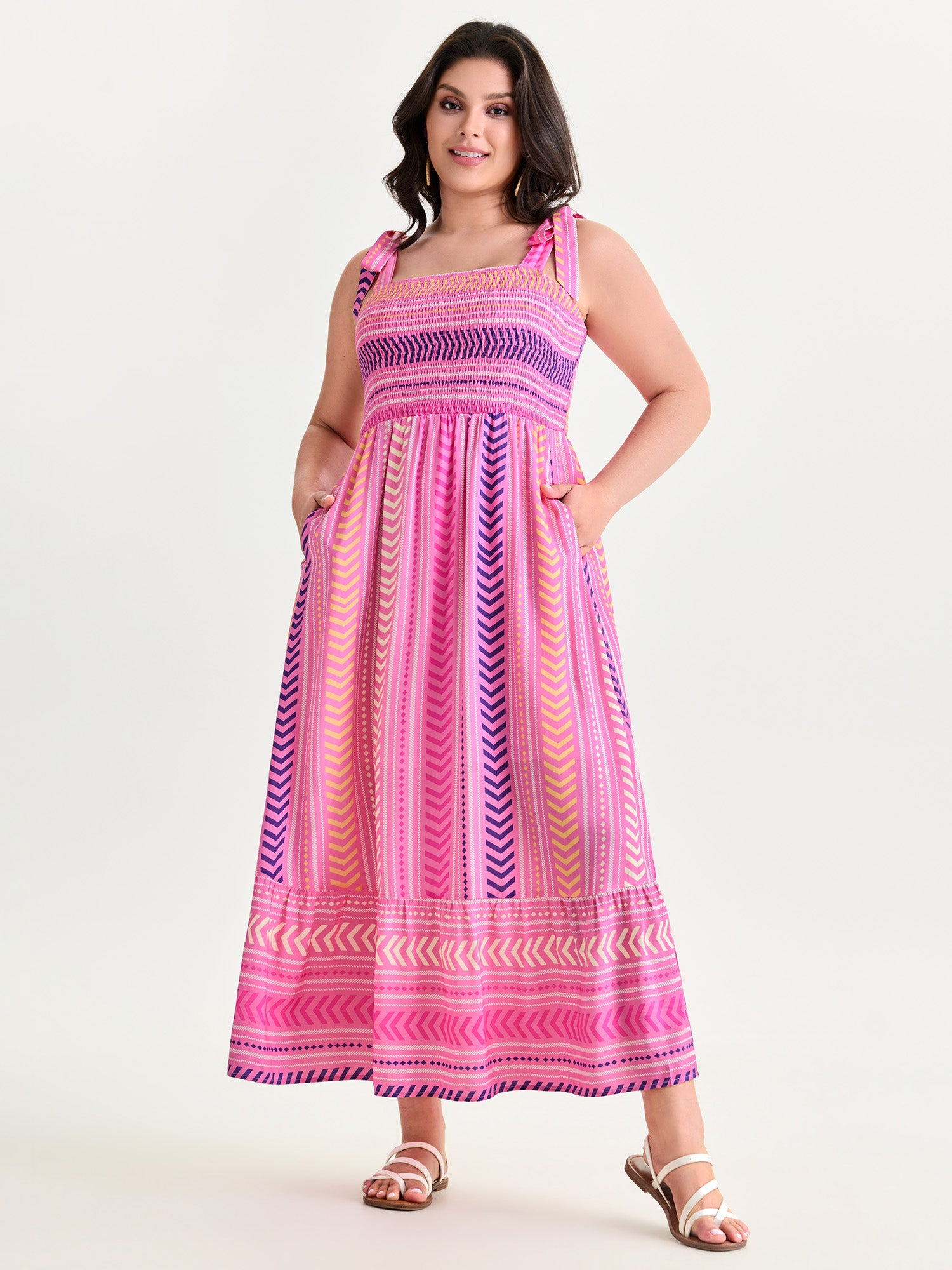 Supersoft Sweet Striped Print Shoulder-Tie Maxi Dress
