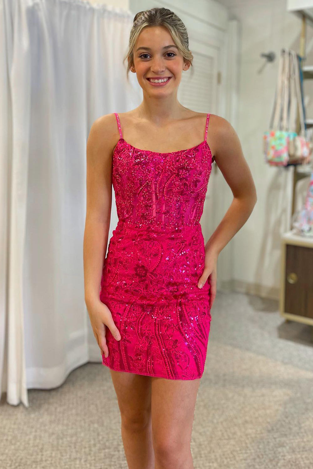 Sparkly Fuchsia Sequined Lace Tight Short Homecoming Dress/Mini Dress