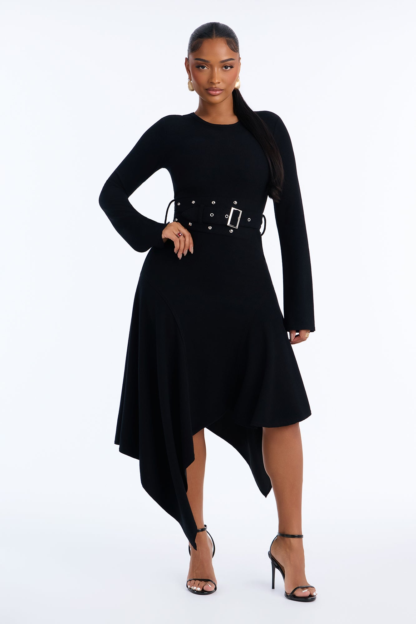 Samantha Asymmetrical Long Sleeve Midi Dress - Black