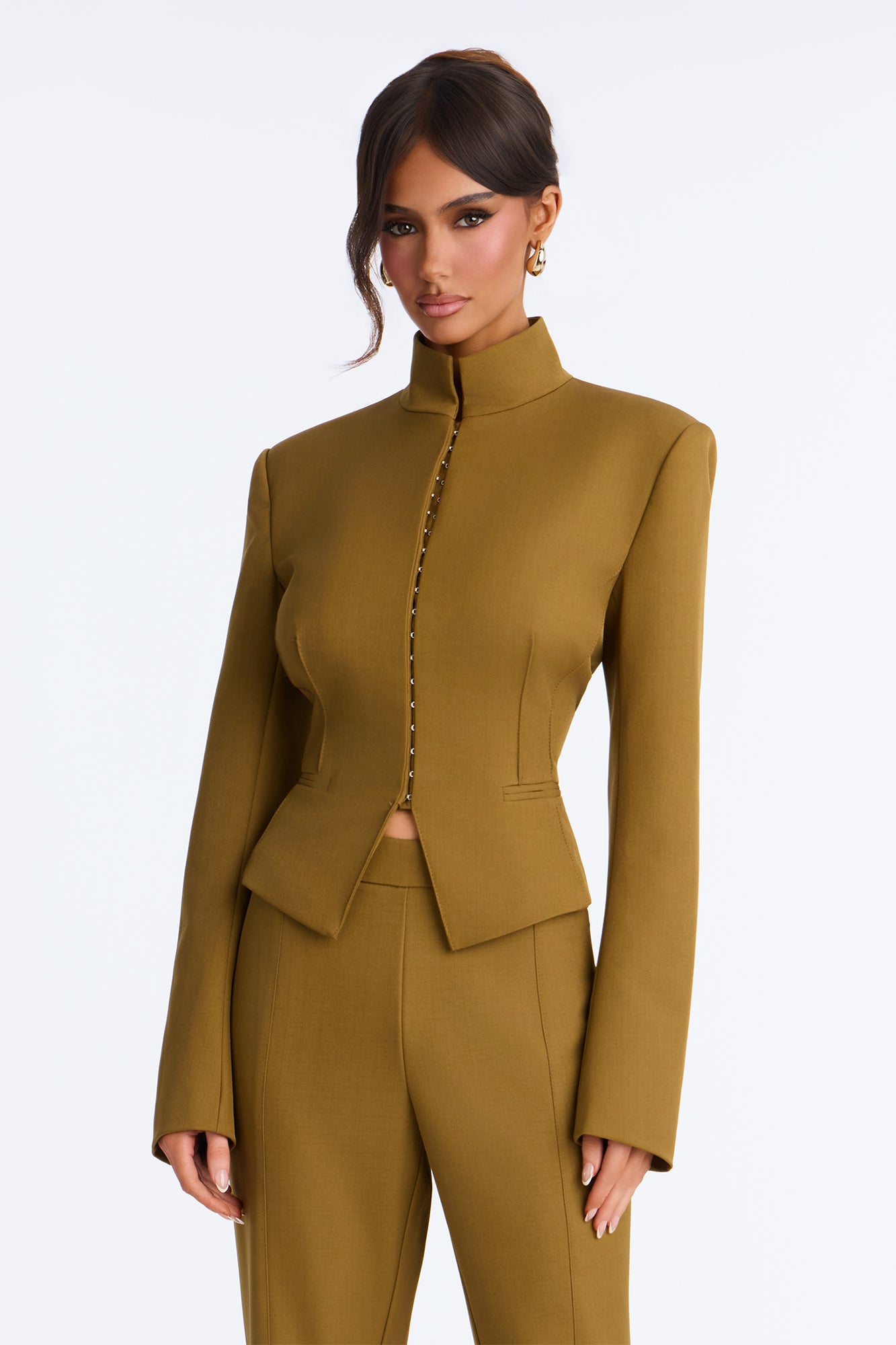 Izzy Stand Collar Tailored Blazer - Olive