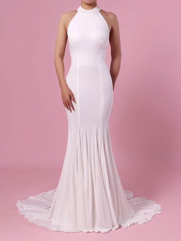 Elegant Mermaid Halter Backless Satin Chiffon Sweep Train Wedding Dresses