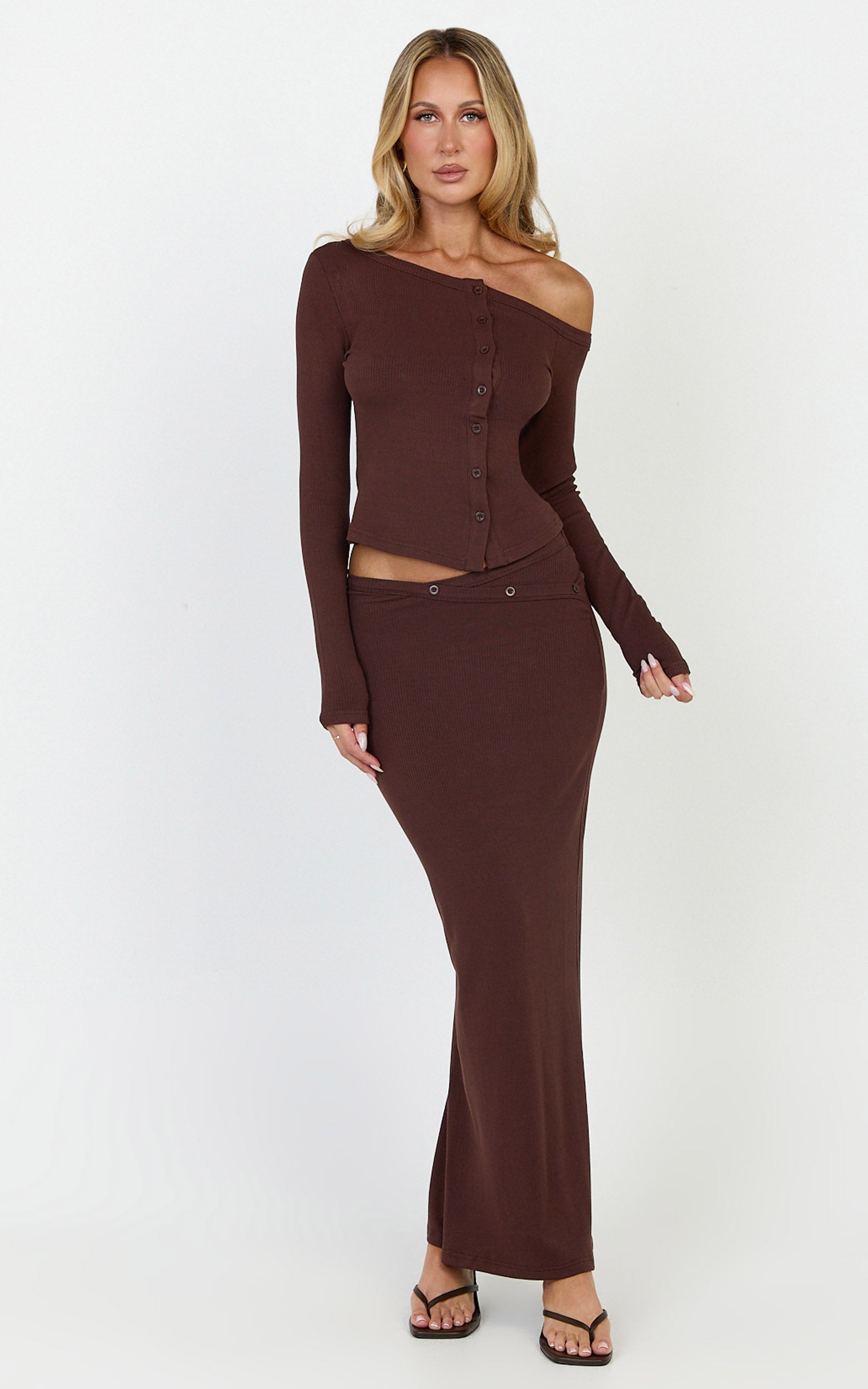 Lulu Two Piece Top and Skirt Set - Asymmetrical Button Detail Top And Maxi Skirt Set in Chocolate