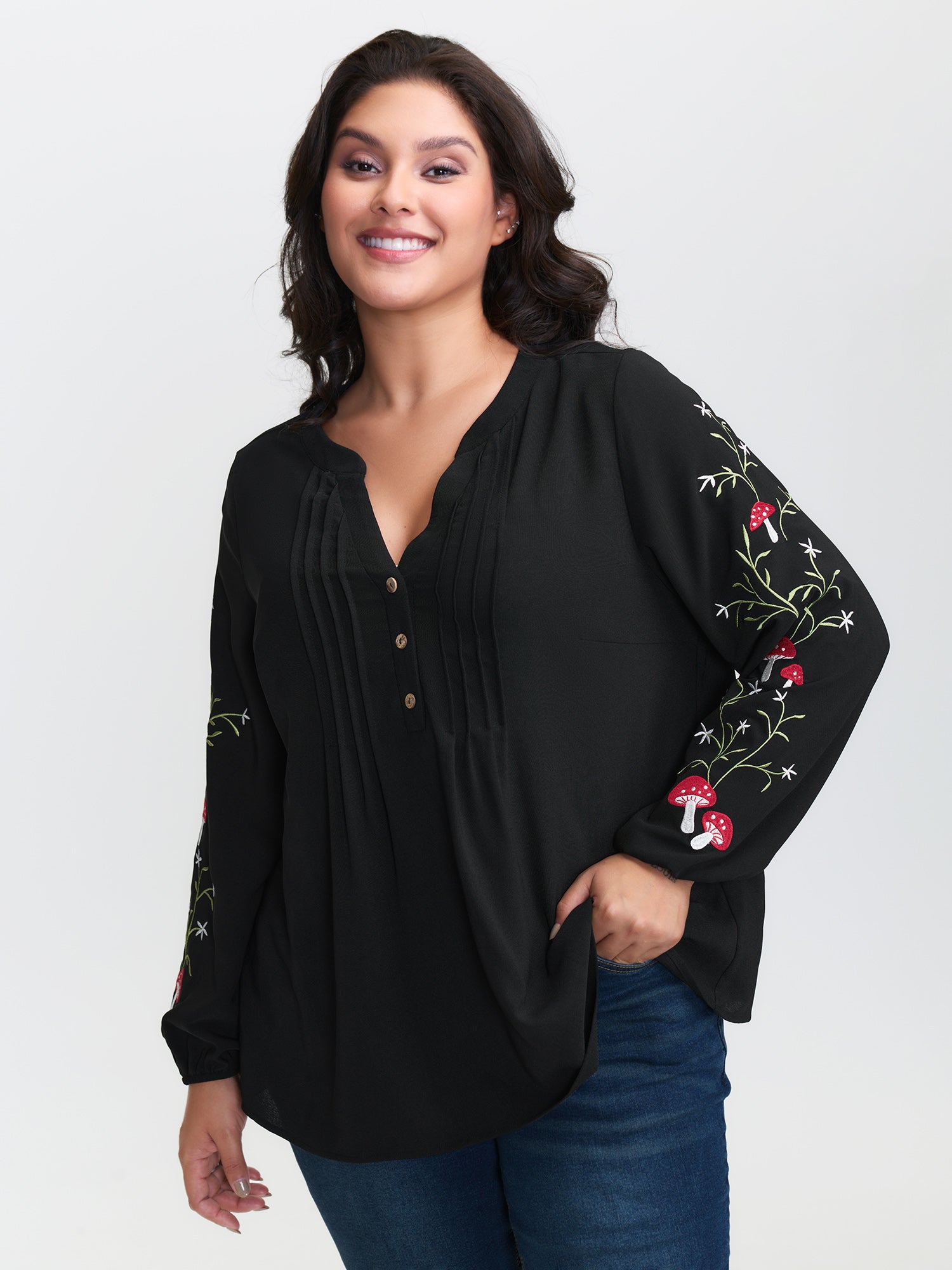 Floral Embroidery Toothpick Pleats Blouse