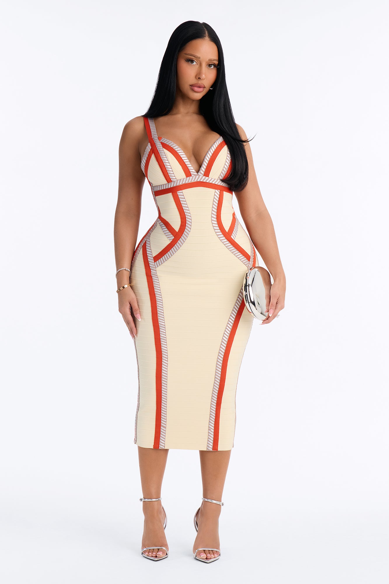 Courtney Contrast Trim Bandage Midi Dress - Cream/combo