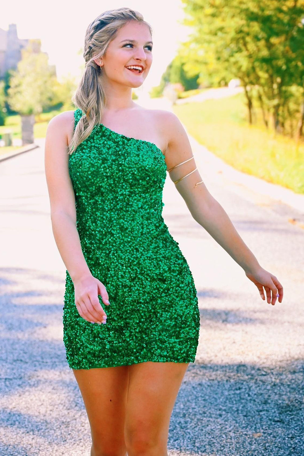 Green Sequins One Shoulder Tight Homecoming Dress/Mini Dress
