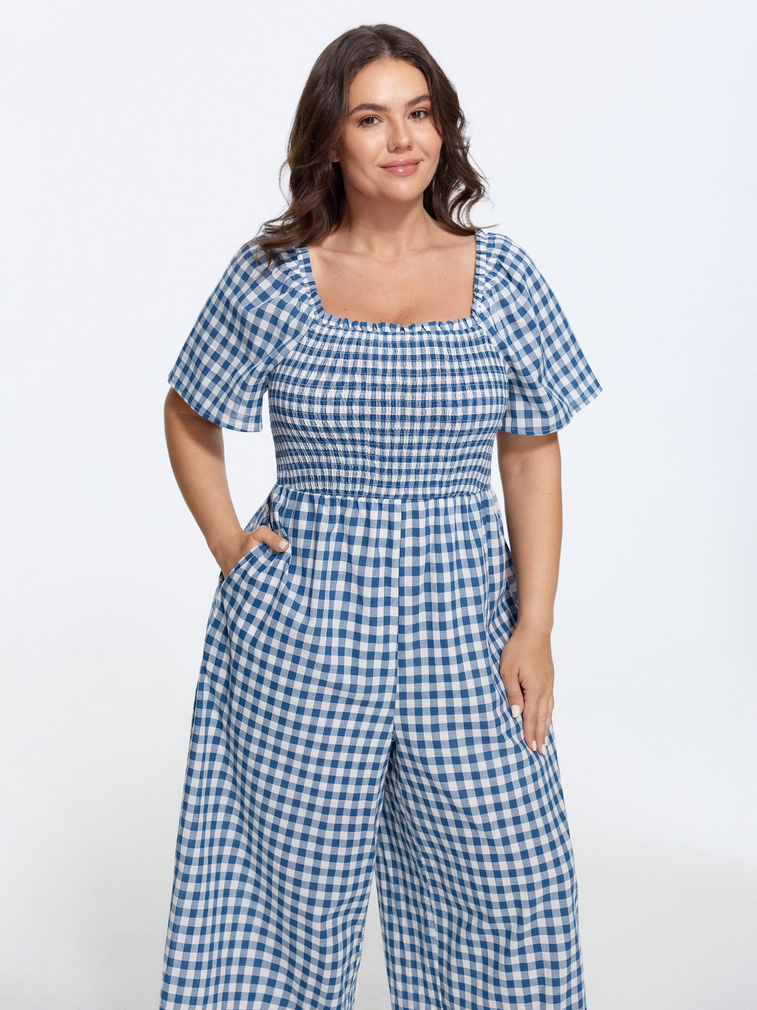 Cotton Plaid Print Square Neck Shirred Wide Leg Jumpsuit