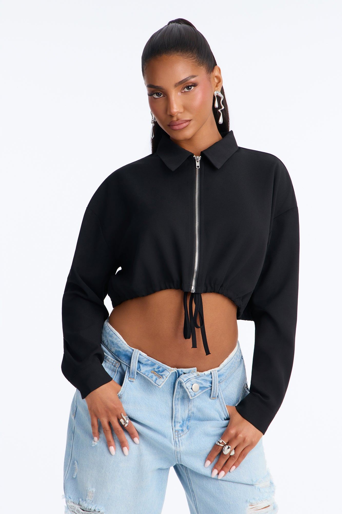 Taylor Long Sleeve Front Zip Drawstring Zip Up Top - Black