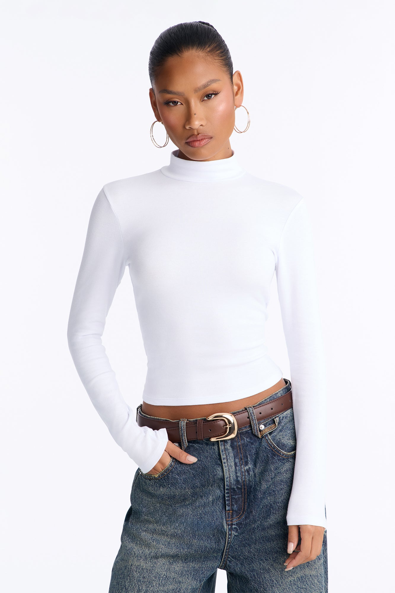 Mary Mock Neck Cotton Blend Long Sleeve Top - White