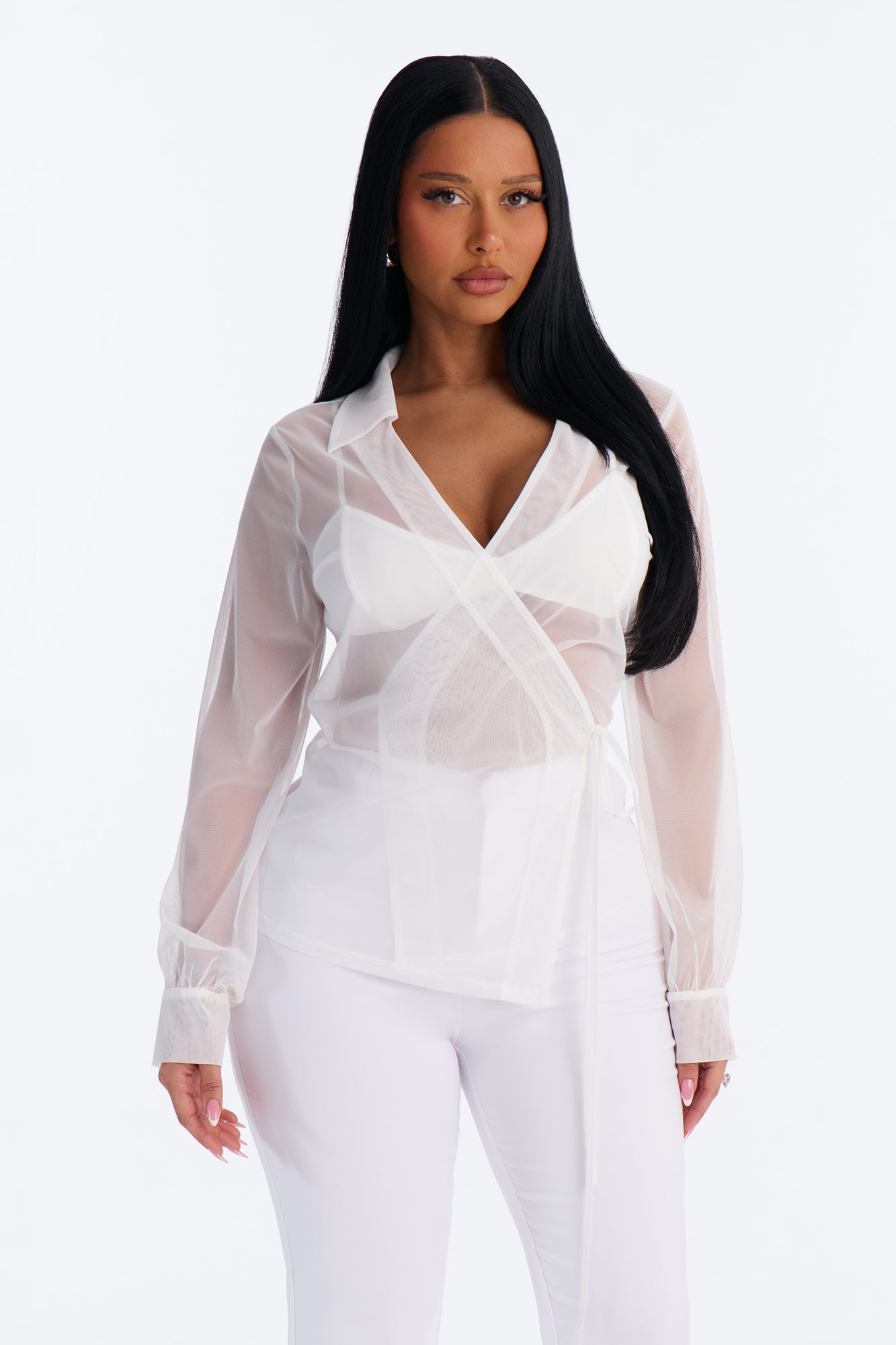 Lola 2 Piece Bra And Mesh Long Sleeve Top - White