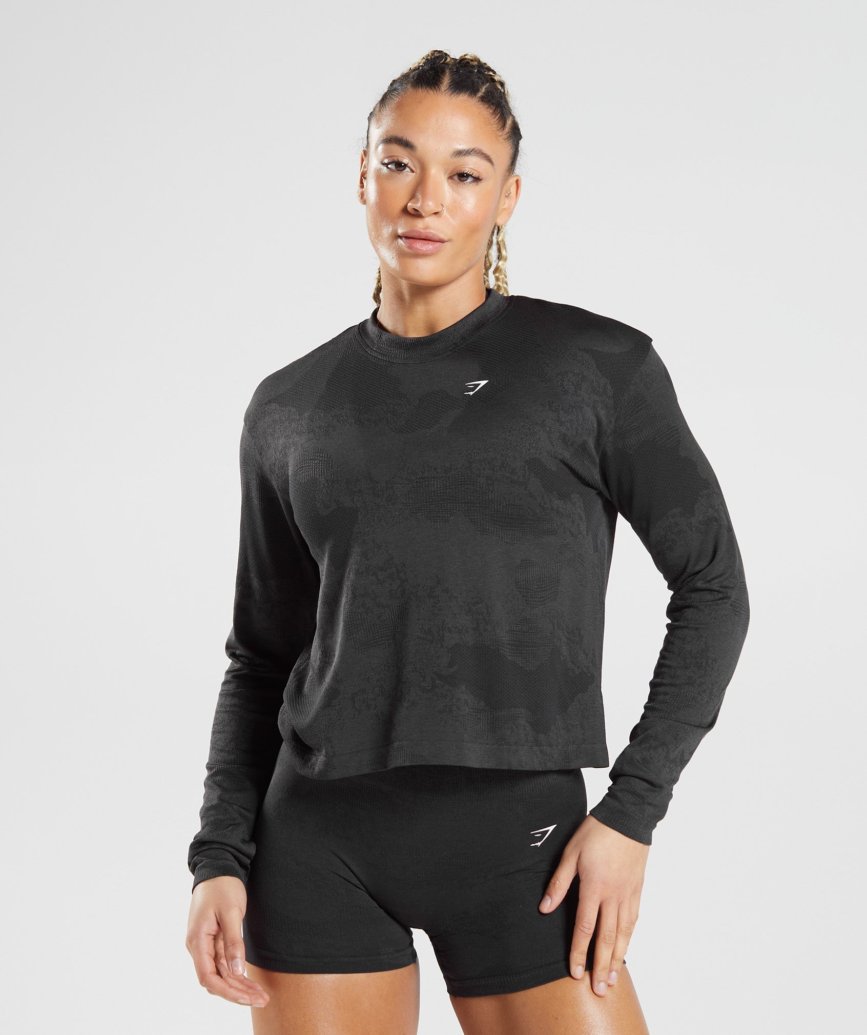 Gymshark Adapt Camo Seamless Long Sleeve Top - Black/Onyx Grey