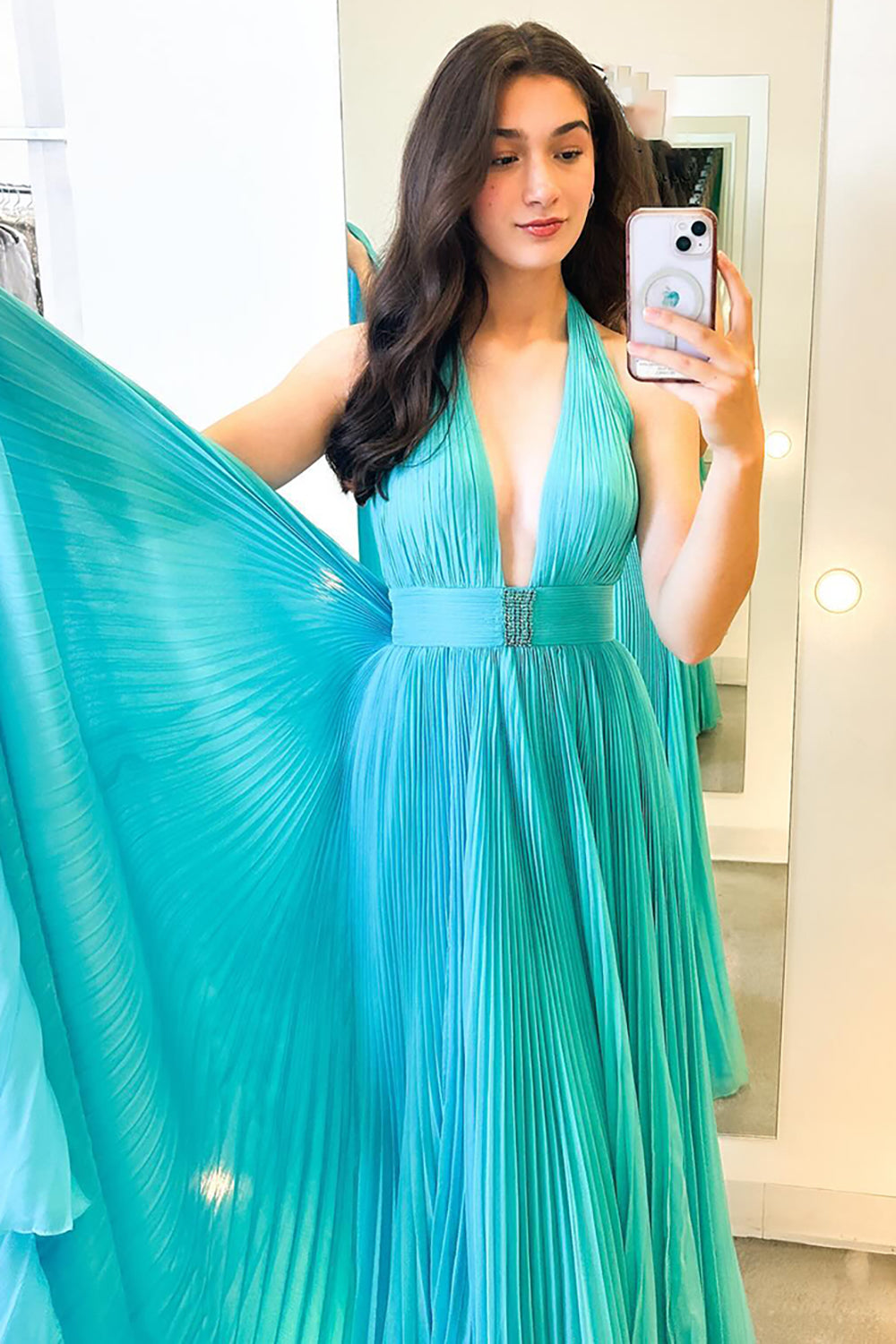 Long Pleated Turquoise Prom Dress with V-neck Halter and Beading