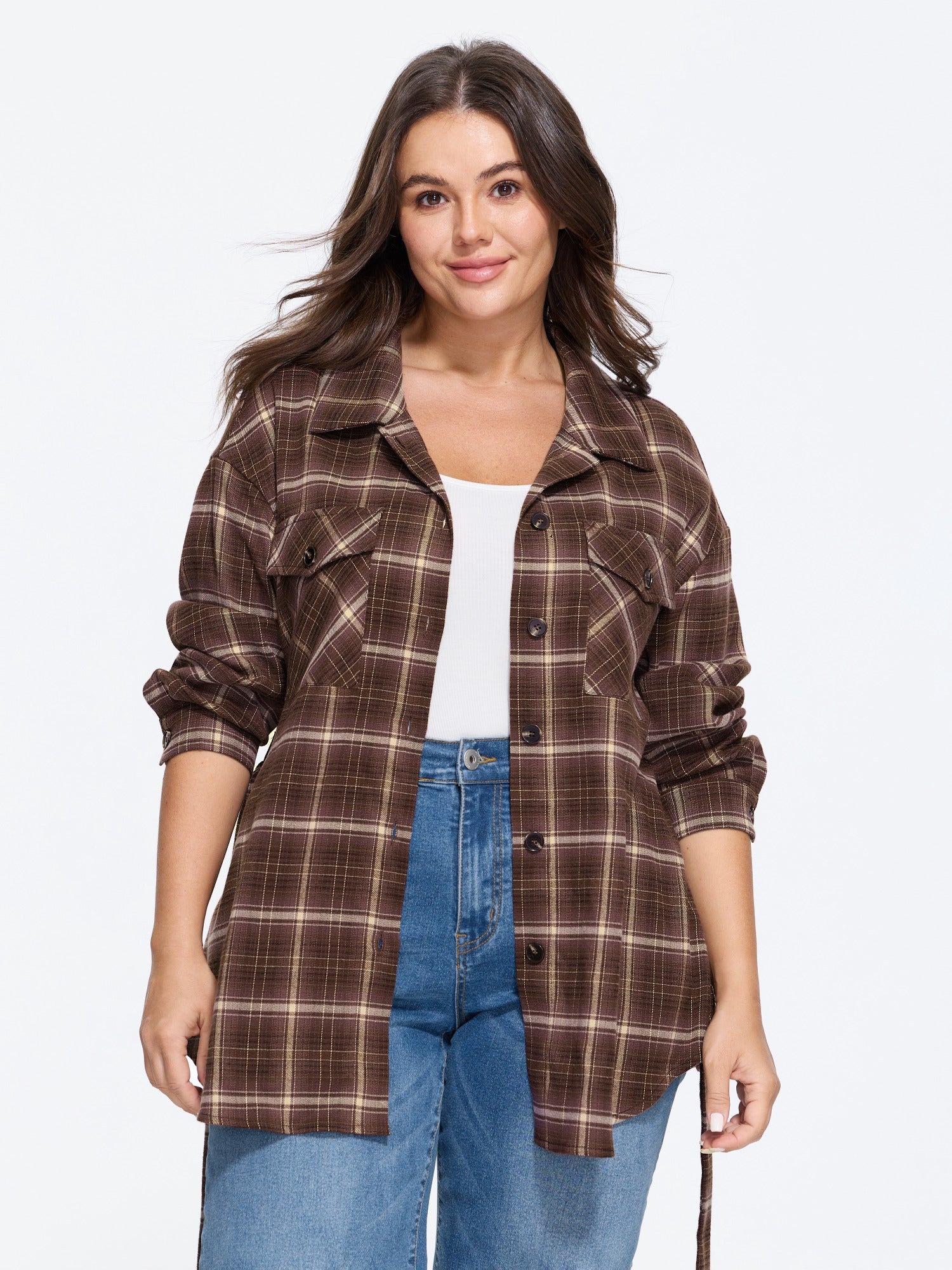 Plaid Waist Tie Button Up Jacket