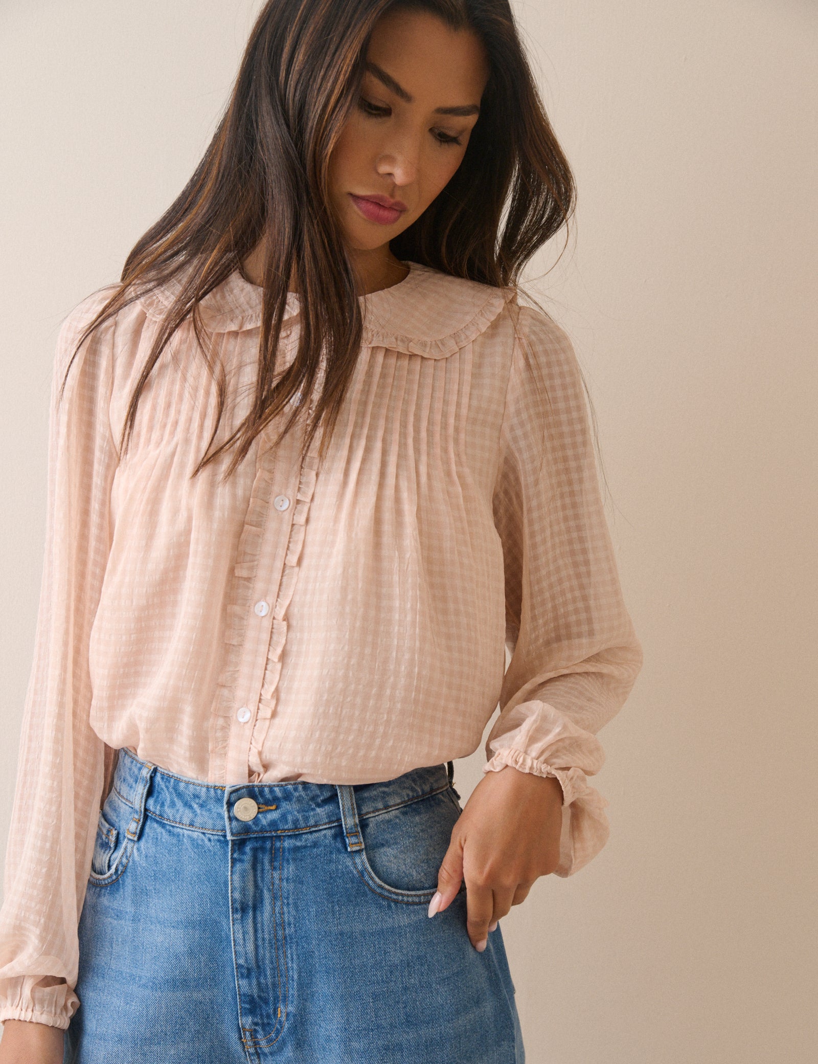 Pink Gingham Frill Peter Pan Collar Blouse