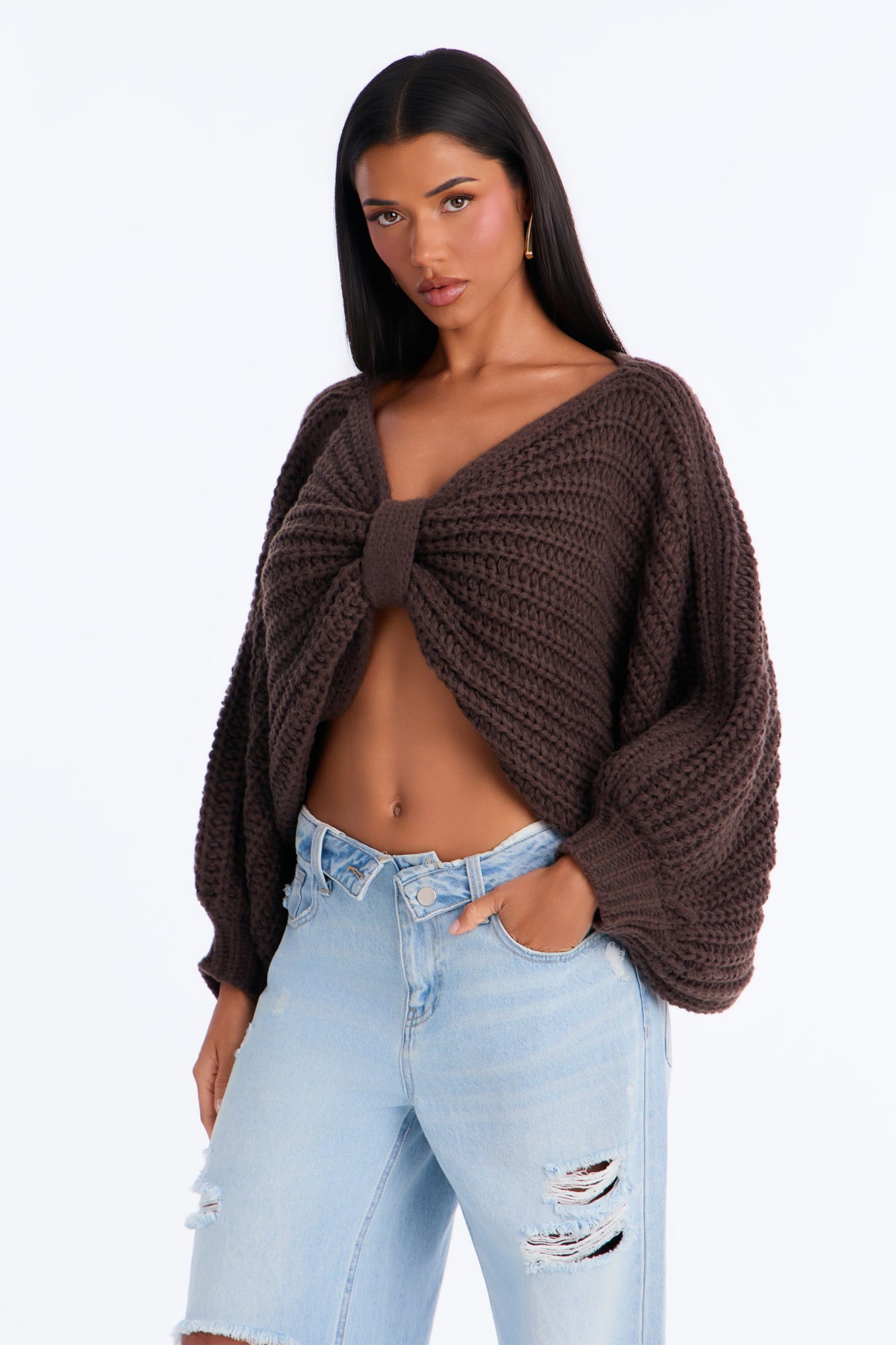 Bailey Chunky Knit Cropped Pullover Sweater - Chocolate