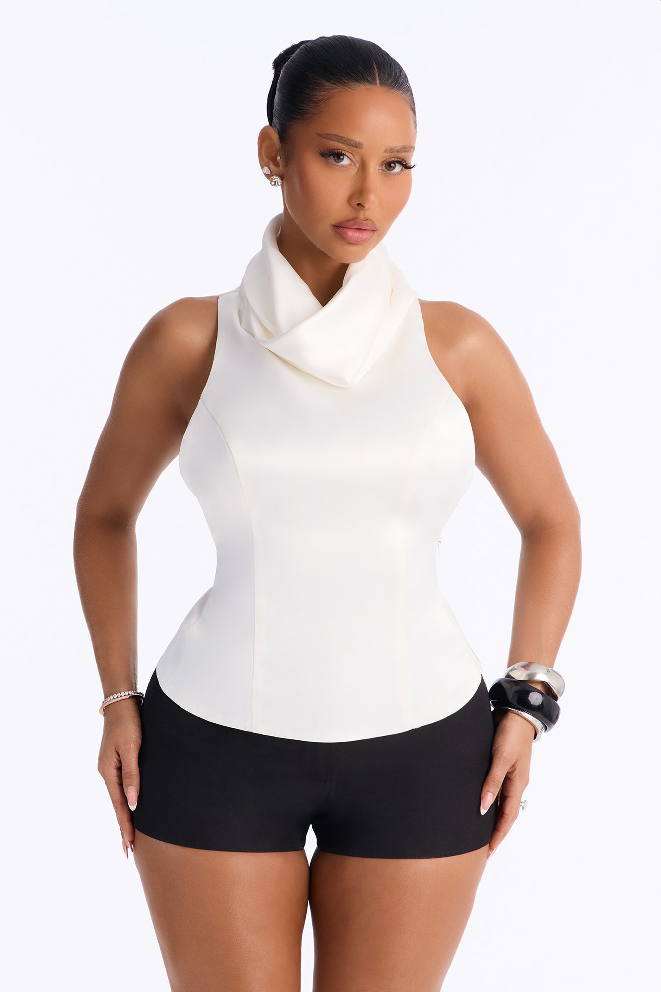 True Spark Funnel Neck Satin Blouse - Ivory