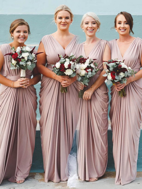 Trendy Floor-Length Capped V-Neck Sheath Bridesmaid Dresses with Ruffles