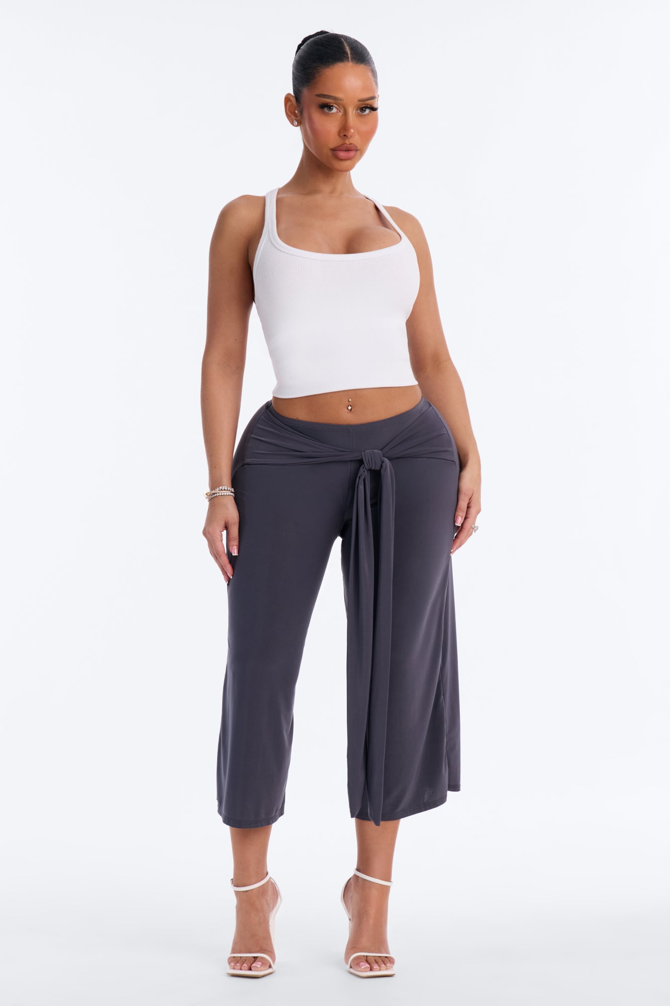 Laila Low Rise Tie Waist Gaucho Pant - Charcoal