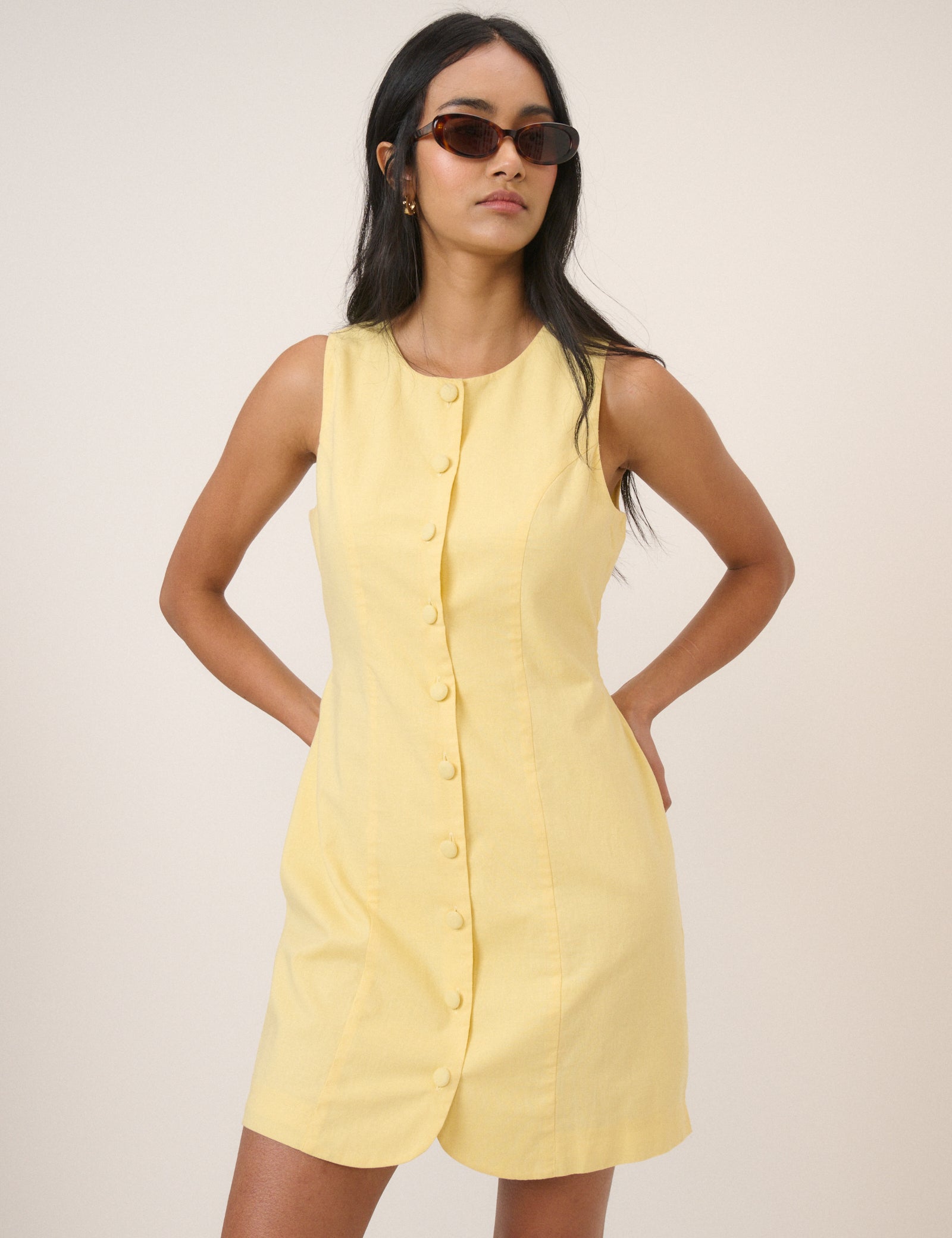 Yellow Button Through Linen-Blend Tailored Polly Mini Dress