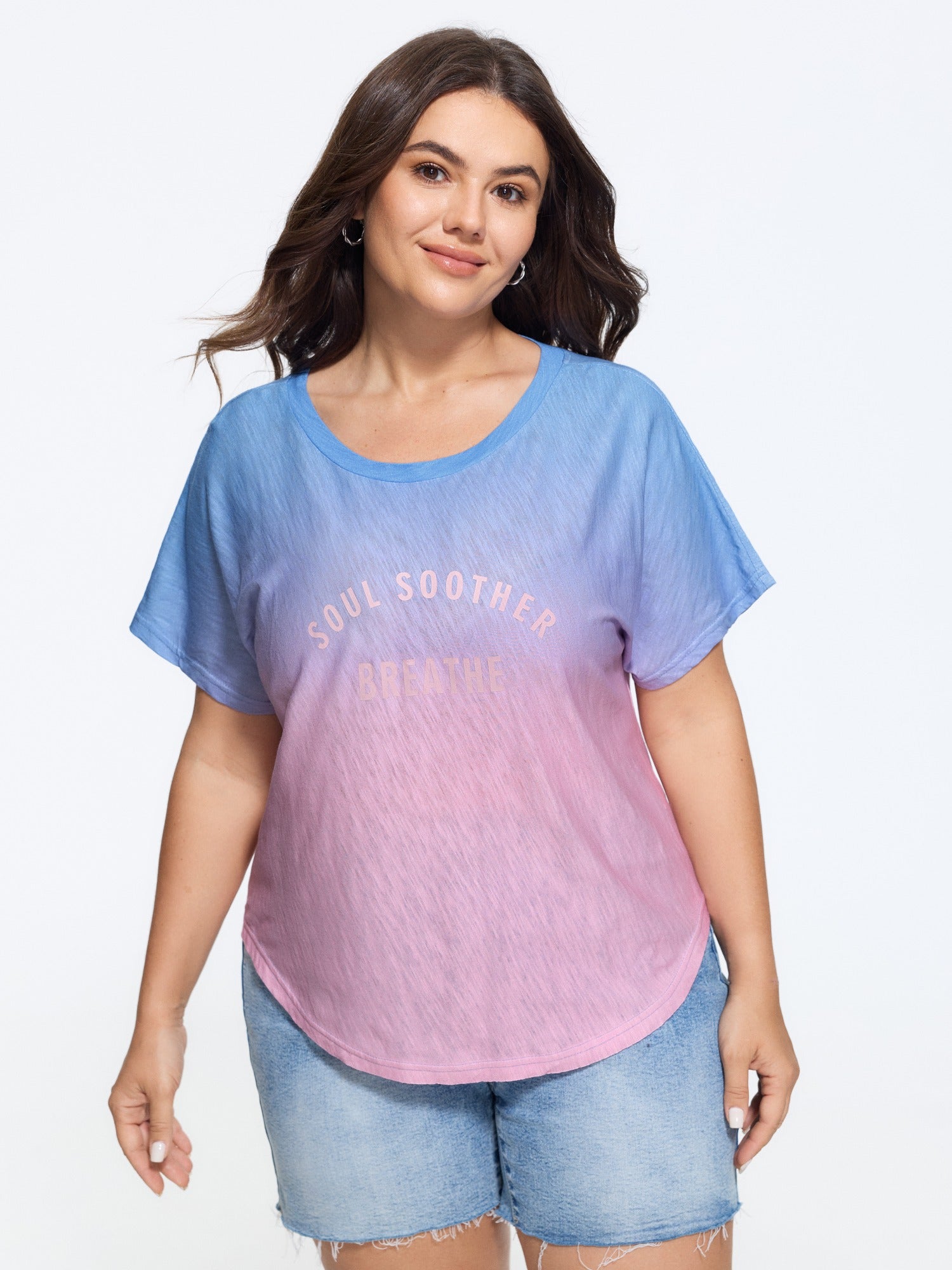 Cotton Gradient Ombre Letter Print Curved Hem T-Shirt