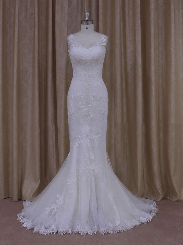 Gorgeous Trumpet V-Neck Sleeveless Tulle Chapel Train Wedding Dresses