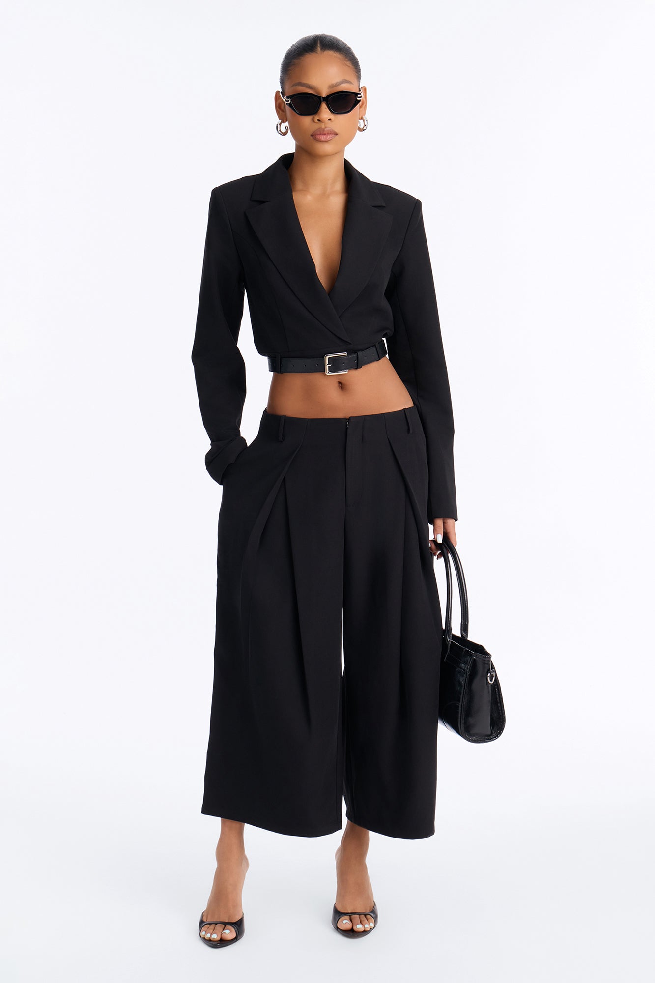 Think Twice Low Rise Pleated Wide Leg Culotte - Black