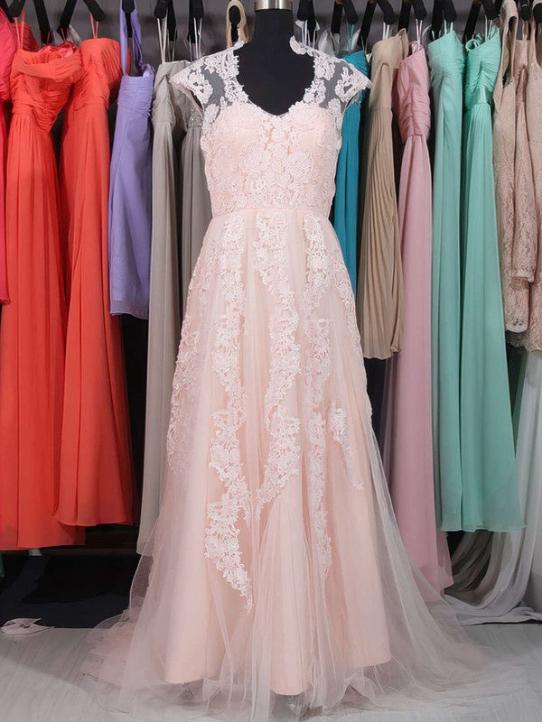 Gorgeous A-Line V-Neck Lace Tulle Sweep Train Wedding Dresses with Appliques