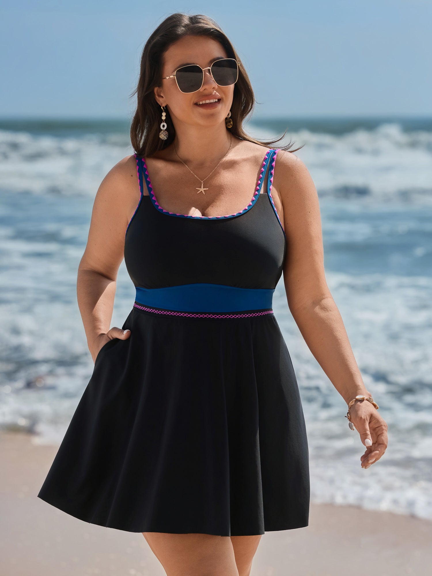 Anti-Float Tie Lace Pockets Swim Dress