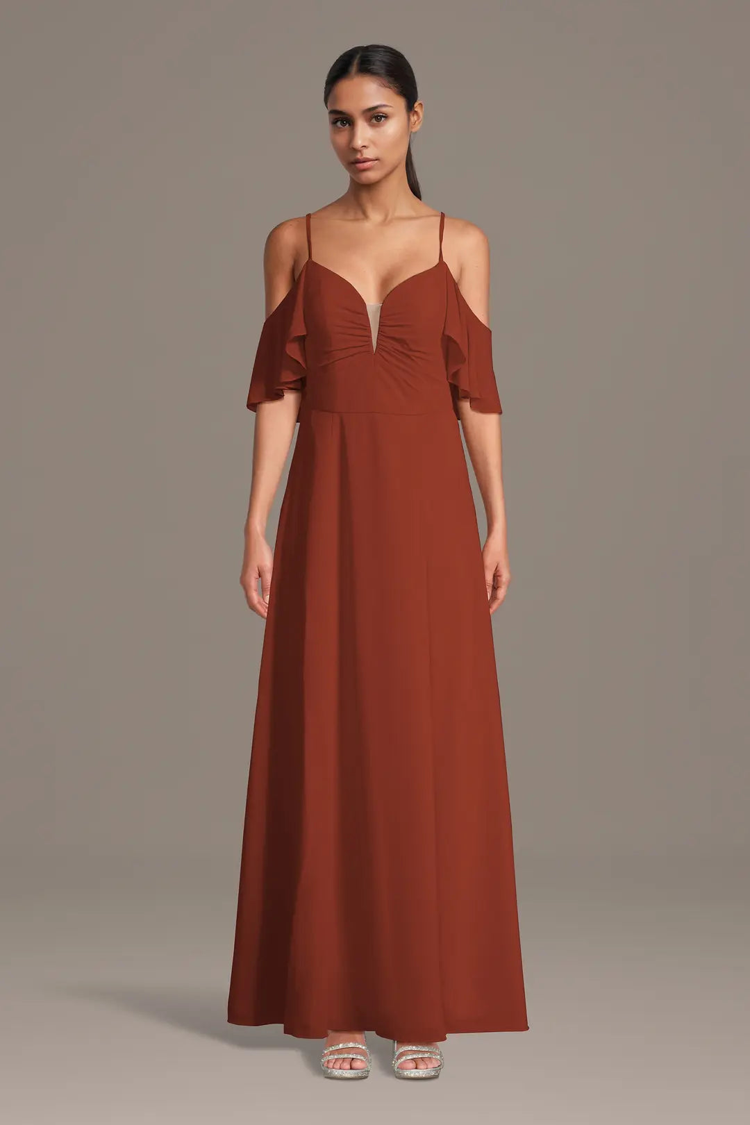 Chiffon Cold-Shoulder Notch Neck A-Line Dress