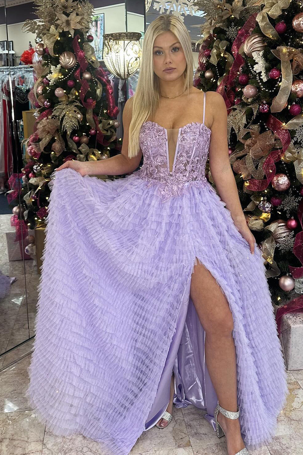 Long Corset Prom Dress in Lilac with Spaghetti Straps A-Line Tulle Tiered Design and Appliques