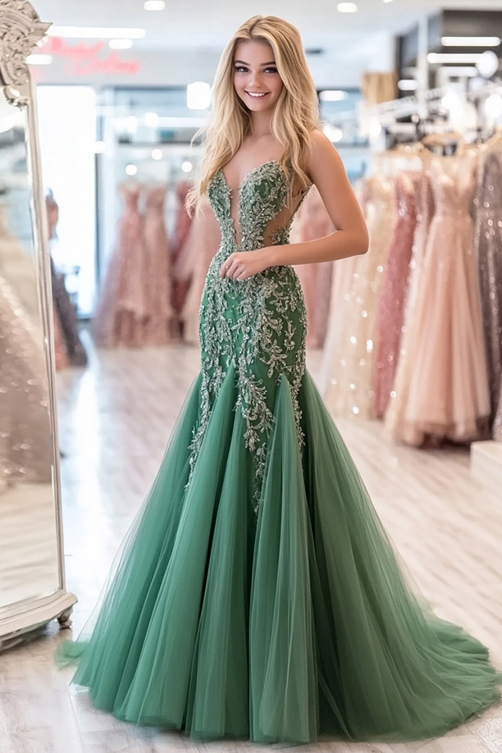 Long Sweetheart Prom Dress with Agave Tulle Applique