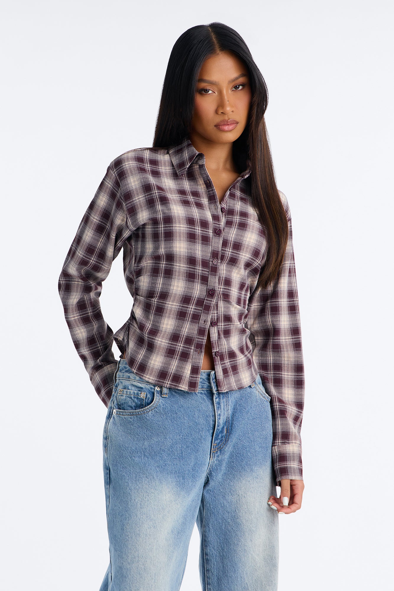 Lace Me Up Plaid Button Up Shirt - Plum/Combo